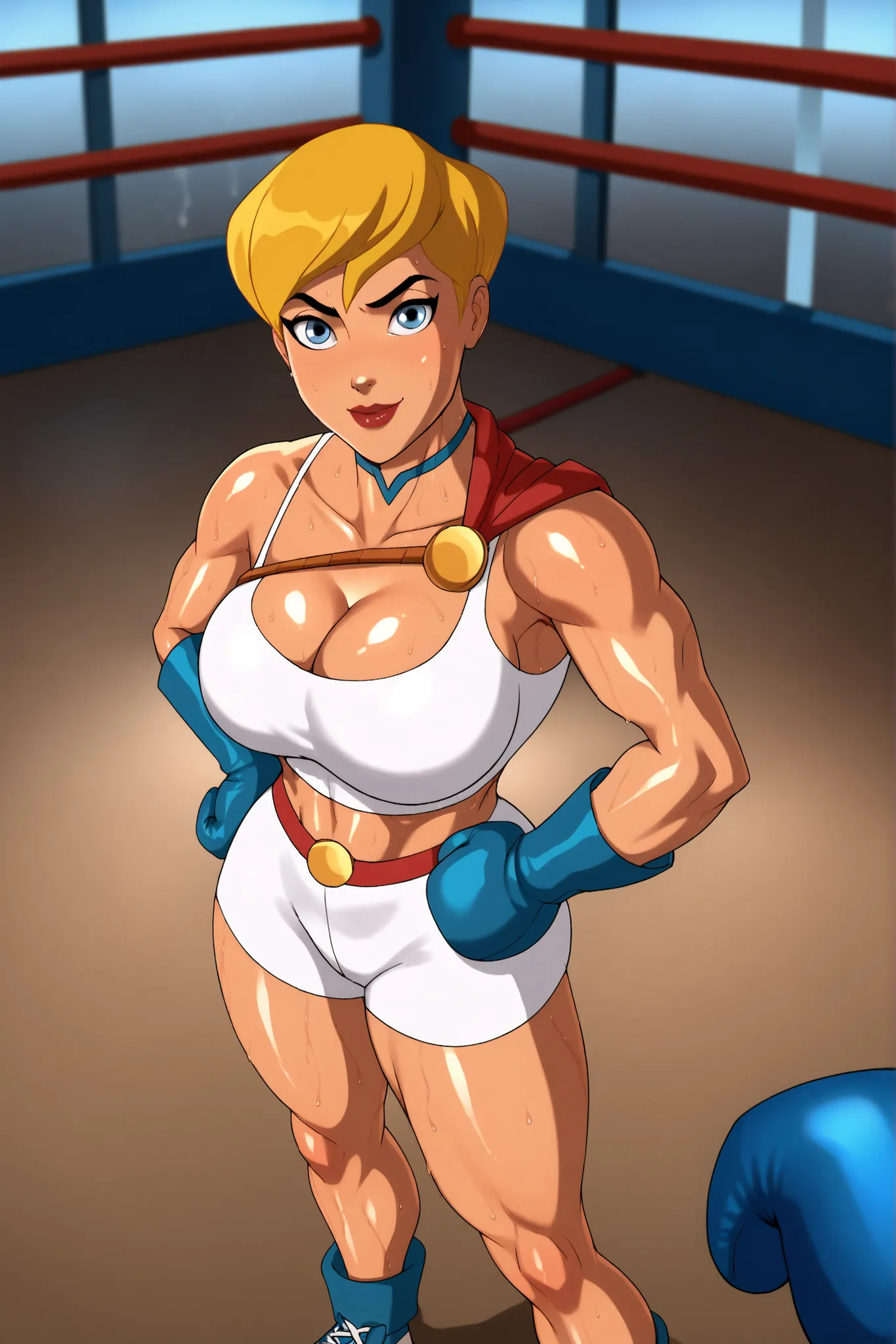 BREAK, score_8_up, score_7_up, score_6_up, score_9, PowerGirlPublicEnemies, 1girl, solo, blonde hair, large breasts, short hair, blue eyes, superhero, lipstick, makeup, dark skin, cleavage, curvy, athletic, looking at viewer, smile, closed mouth, sultry ex...