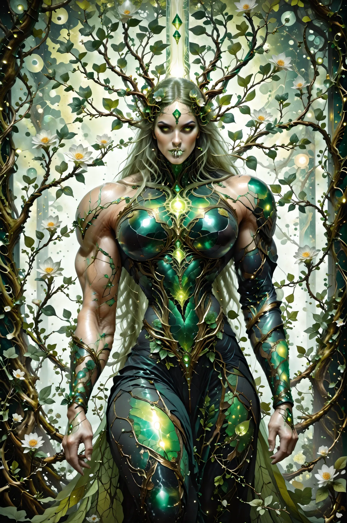 (torso shot:1.5), (1 dryad at far end of screen:1.25), (glowing green eyes:1.25), a beautiful illustration of a hyper muscular dryad in an abstract marble texture with a tarot style frame, with colors of obsidian black, shiny gold, and emerald green, highl...