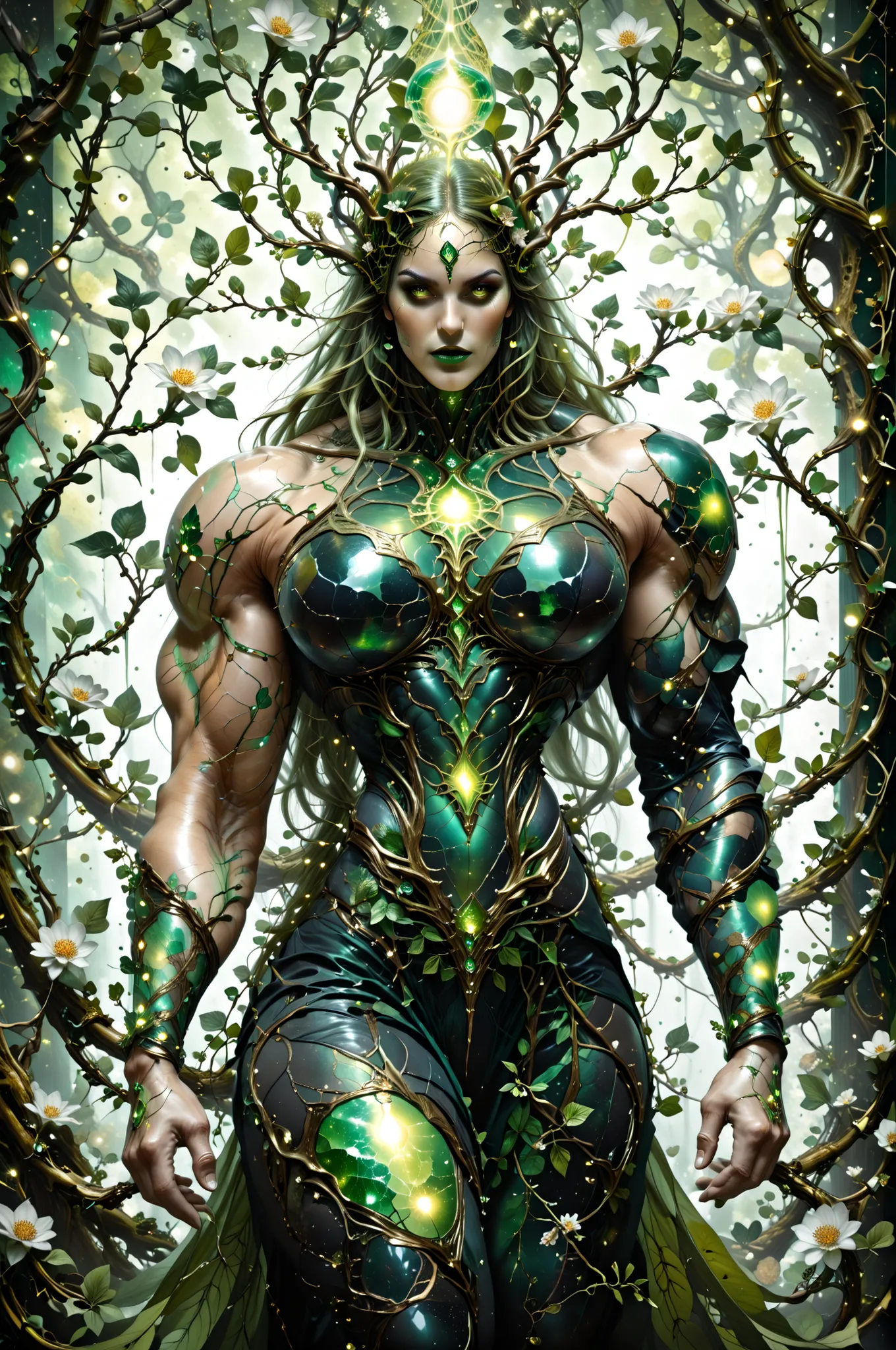 (torso shot:1.5), (1 dryad at far end of screen:1.25), (glowing green eyes:1.25), a beautiful illustration of a hyper muscular dryad in an abstract marble texture with a tarot style frame, with colors of obsidian black, shiny gold, and emerald green, highl...