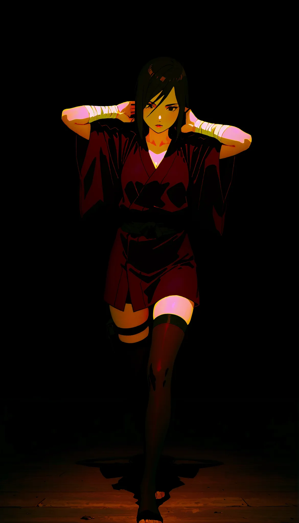 (((IZUMI NASE)))) walking confidently through a war field. The art style should closely match that of Naruto or similar shounen anime, with clean linework and soft shading. ((Solo)) haori with layered leg accessories (bandages, thigh pouch, dark ninja stoc...