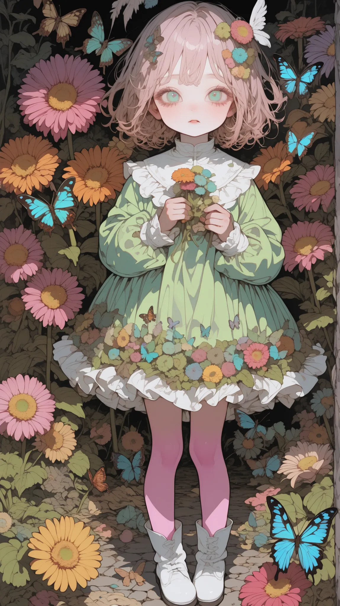  大きなgerberaを持って、gerbera、angel, wing、detailed face、thin, long legged kindergarten child,Butterflies on background,burnt feathers and ash、little boy who is cm tall、pink tights、white boots、angelの舞踏会   ,Hallucinatory Art    、   dmt The Beginning of the Ego、 ps...