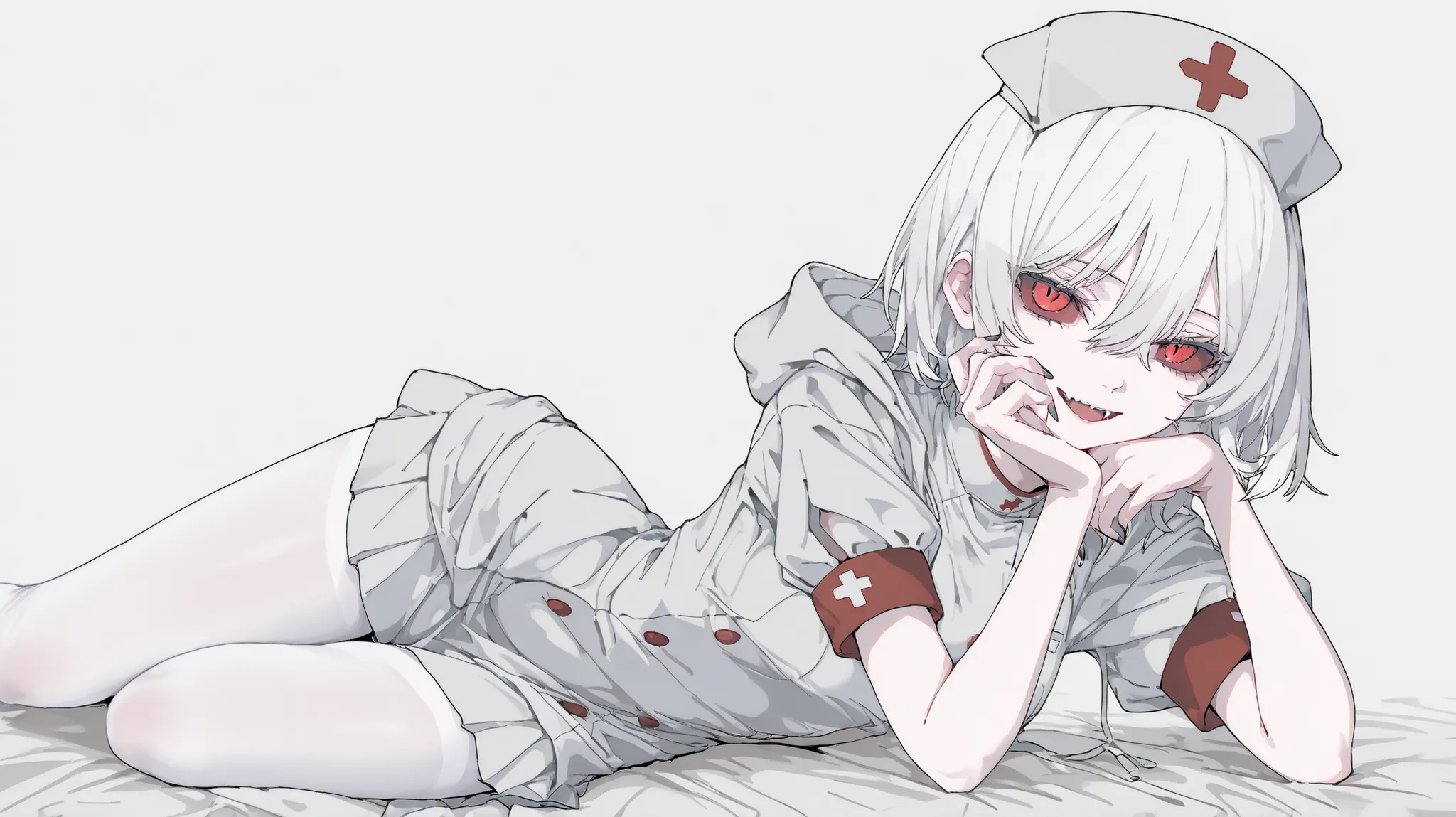 masterpiece ,best quality ,great quality, Uzft 32, 
Gardebova, solo, 1girl,sexy,Ghost Girl,pure white skin,Tall,Red sclera,white hair,Patten's shortcut hair,white nurse clothes,hooded,miniskirt,white tights,I'm watching a cartel