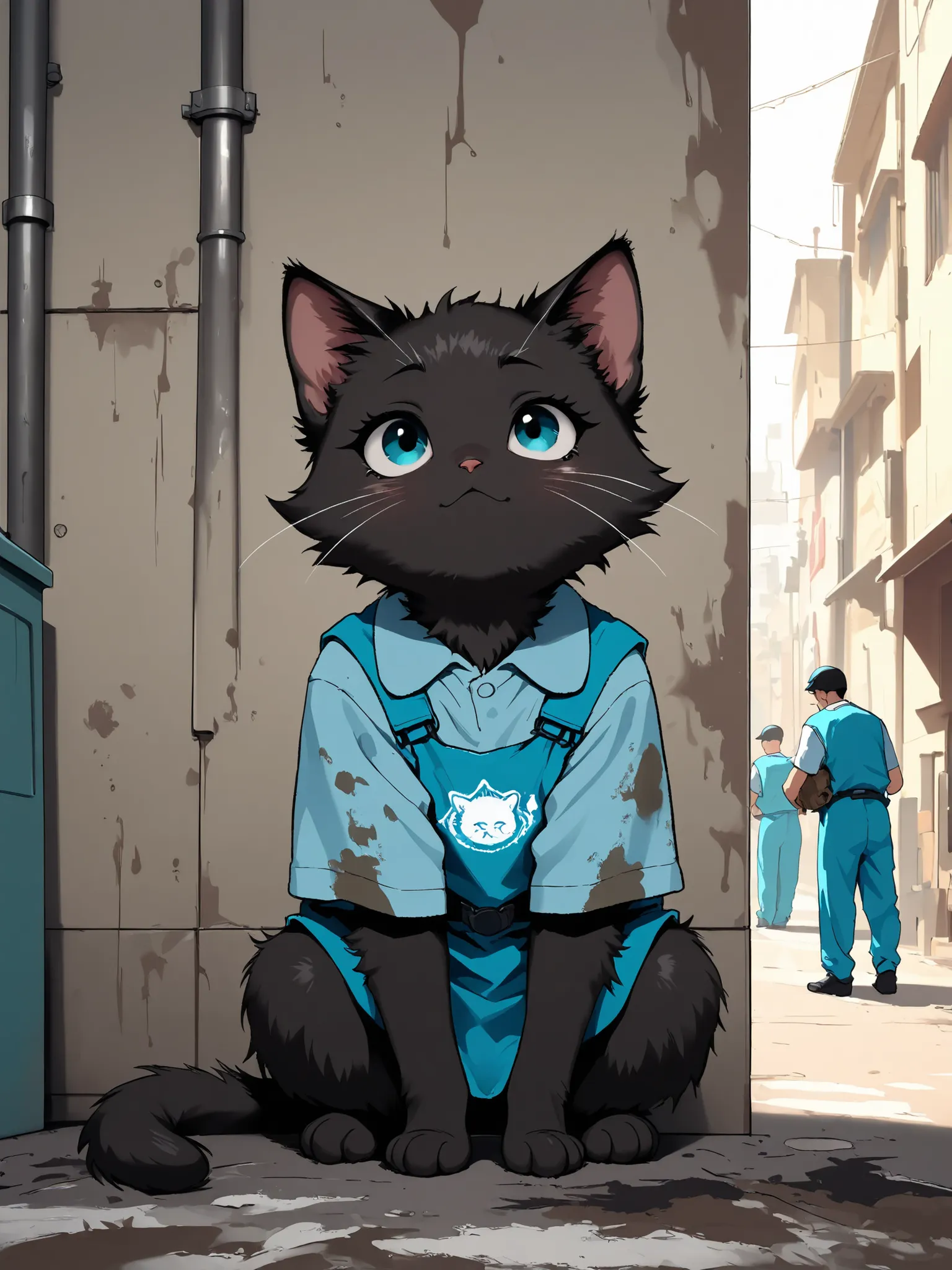 masterpiece, good quality, amazing quality, very aesthetic, anime, highres, absurdres, 16K resolution. | ((2 kittens), Kittens with fluffy black fur, wearing sanitation uniform, examining dirty street. Dirty and messy city street.