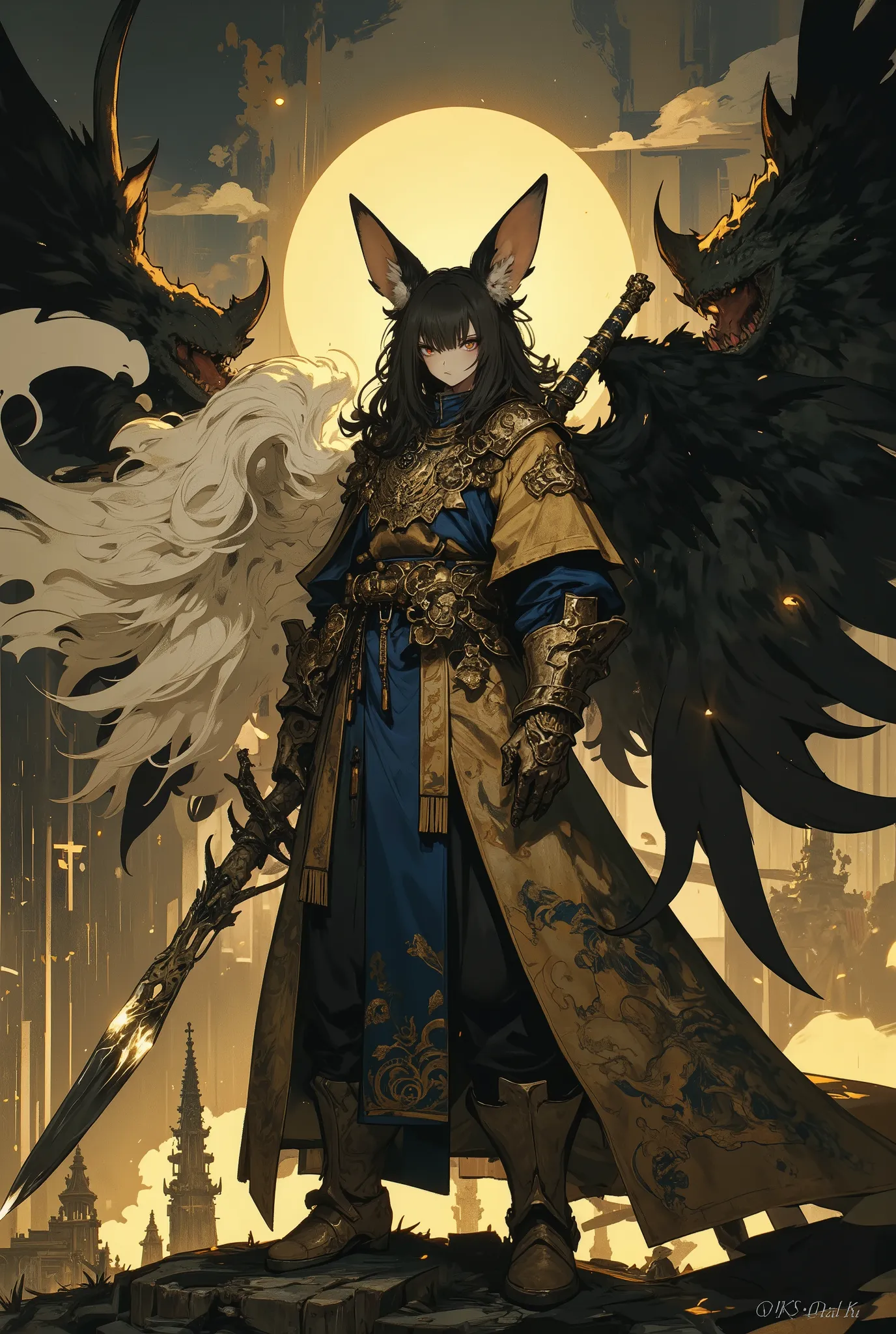 hamster knight, Hamster with long head hair ,im wind wehend,forward-facing masterpiece, best quality, Super Detail,episch,4k,was torn holy battlefield,Gebrochener Stein, zerbrochene Statuen, divine rays in the background, Kinematic lighting, dramatische  a...