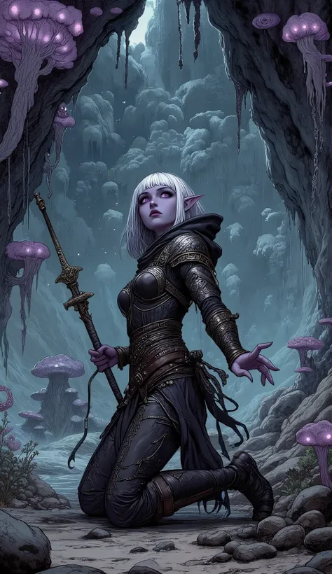 (A fusion of Ukiyo-e and dark fantasy. Aesthetic and gothic digital art. Draw a detailed face. Look away.) BREAK
(White hair. Blunt bangs. White eyebrows. Long white eyelashes. Almond-shaped eyes. Lavender eyes. Dark, thick eyeliner. Small pink lips. Slig...