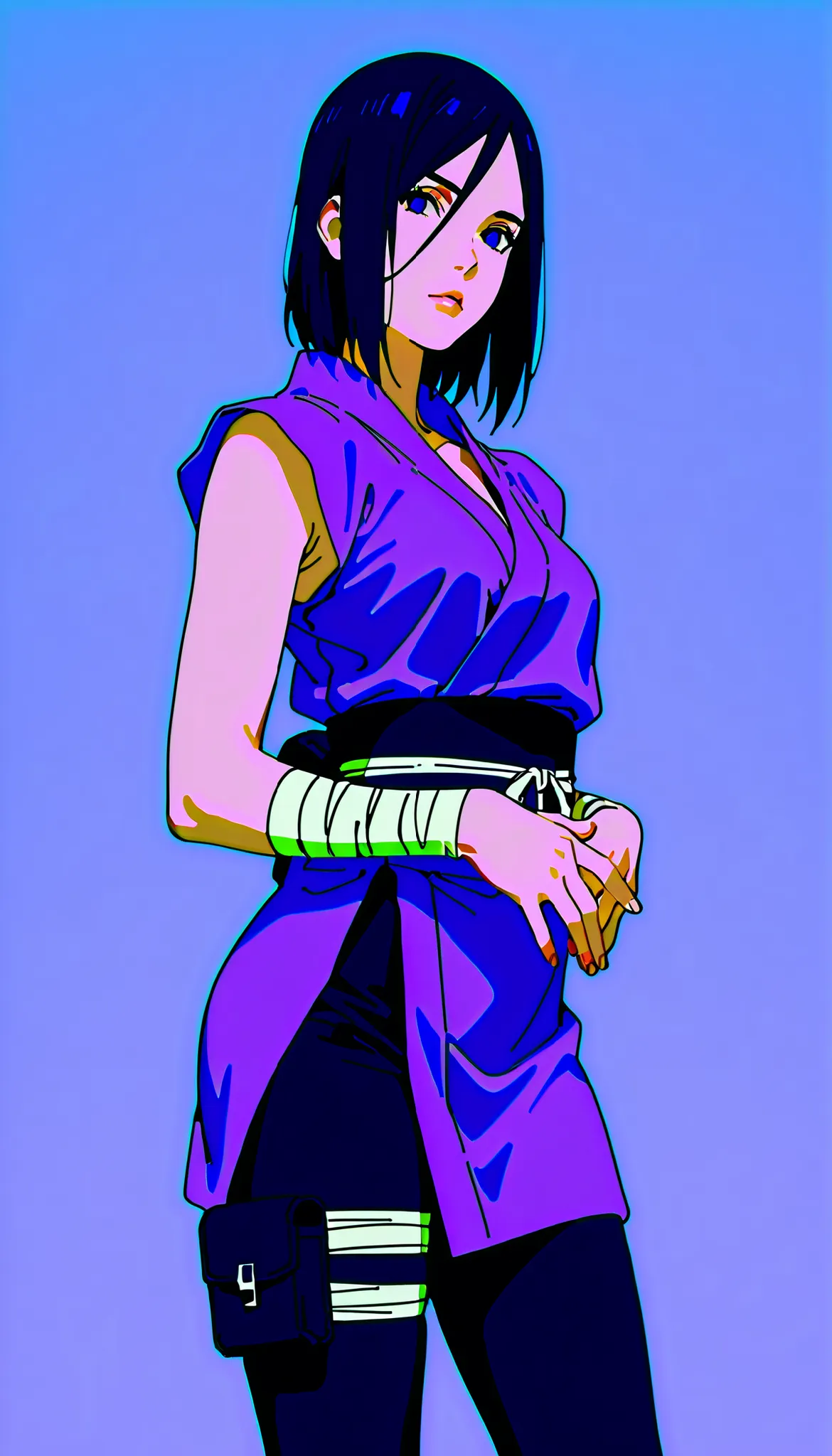 (((IZUMI NASE)))) walking confidently through a war field. The art style should closely match that of Naruto or similar shounen anime, with clean linework and soft shading. ((Solo)), traditional kimono with layered leg accessories (bandages, thigh pouch, d...