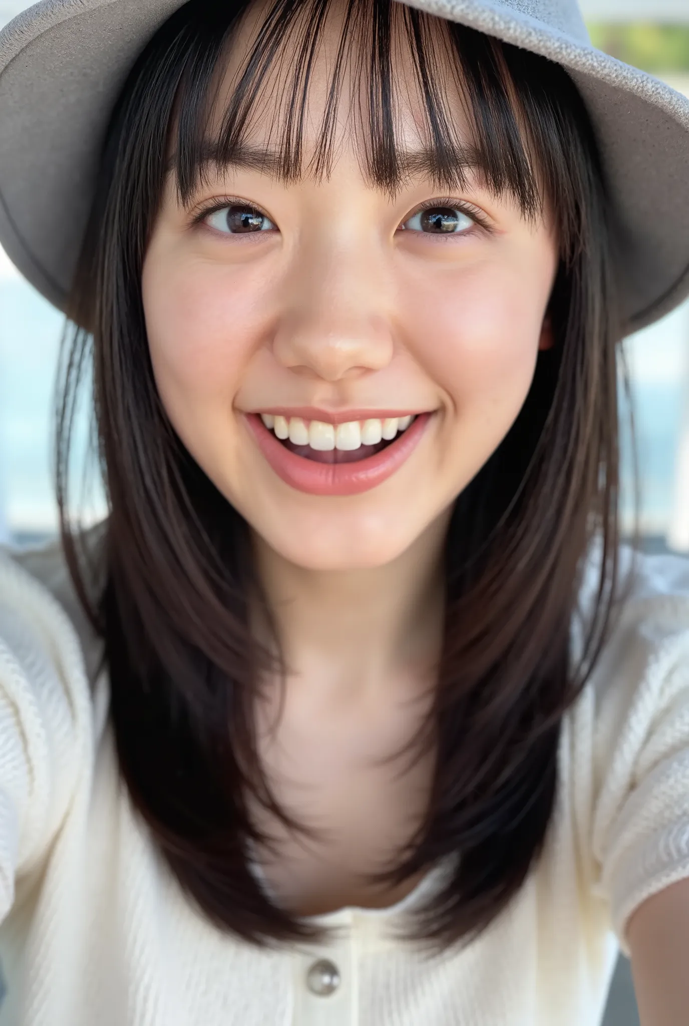 (((selfie,face close-up)))Sitting on the wooden deck,long bright dark hair,I'm laughing with my mouth open while taking off my panties,(((when you smile it becomes thin enough to close your eyes,)))Wear a gray bucket hat,Wear a pure white short-sleeved kni...