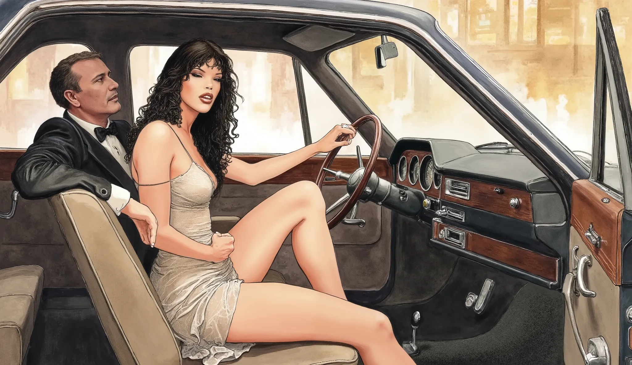 1990´s, elegant woman with long straight black hair,  sitting in the passenger seat of a car, elegant vintage theme, she is leaning towards his waist as he drives , woman looking away from the camera while she enjoys her time sucking it, beautiful legs sho...
