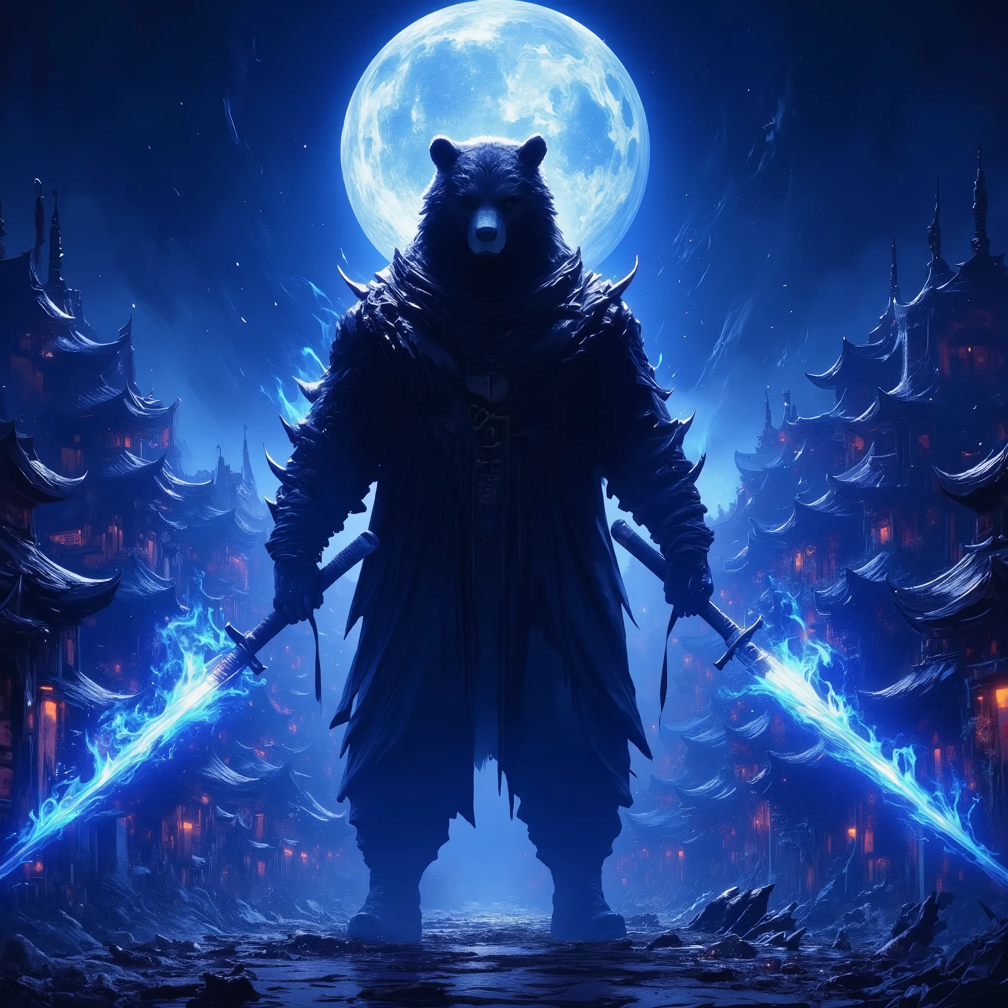 God of Bears, Standing on two legs, Samuraï Bear, 2 black swords of shadows and fire. The Sith-like swords made of blue fire flames. Japanese temples on blue fire in the background ground. Dark Bear. Shadow Bear. At night, blue blood moon. The scene is hap...