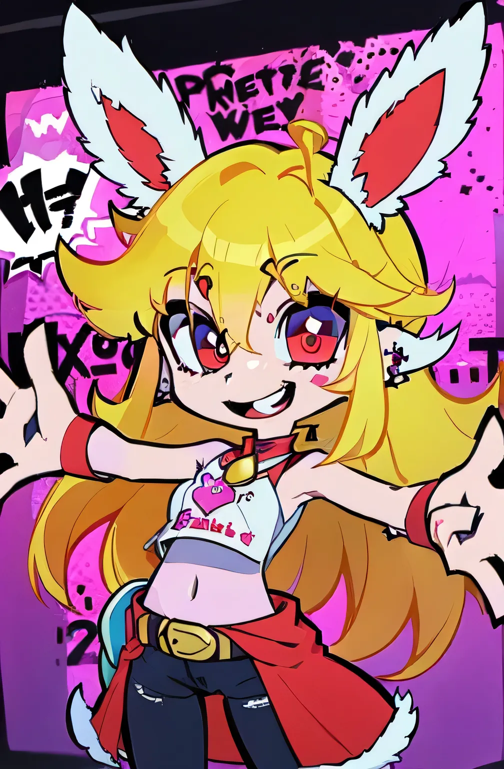 (Alone:1.2), 1girl\(cute, cute,(Wicked Smile), (With arms outstretched:1.4), Red Short jacket \(Blonde:1.2),(long hair:1.1),(Bun Head:1.5), red eyes,  (Beautiful eyes drawn in detail:1.4),Spiral pupil, (Big Eyes),(chest:1.4),(White skin:1.3), (Punk Fashion...