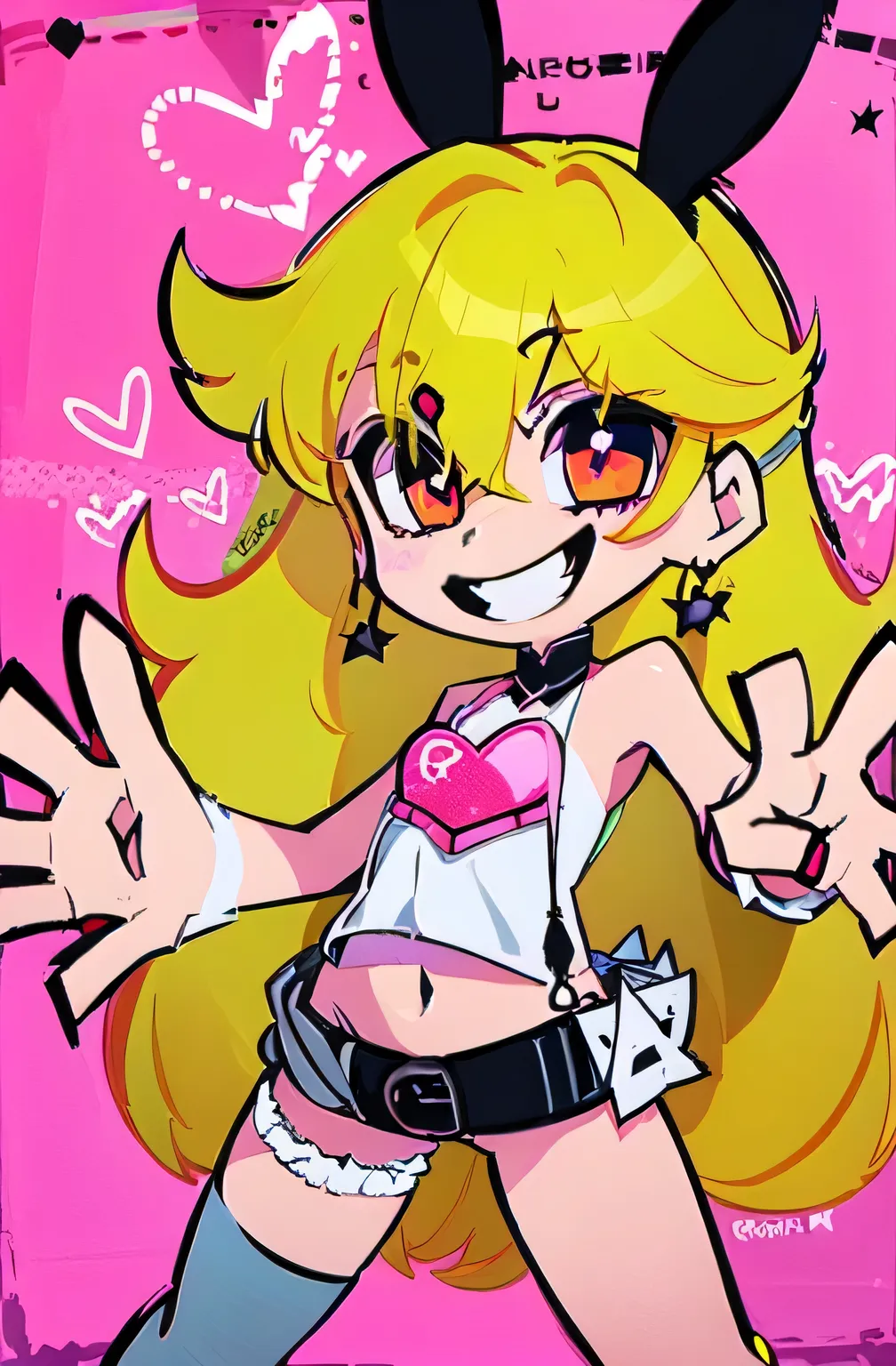 (Alone:1.2), 1girl\(cute, cute,(Wicked Smile), (With arms outstretched:1.4), Red Short jacket \(Blonde:1.2),(long hair:1.1),(Bun Head:1.5), red eyes,  (Beautiful eyes drawn in detail:1.4),Spiral pupil, (Big Eyes),(chest:1.4),(White skin:1.3), (Punk Fashion...