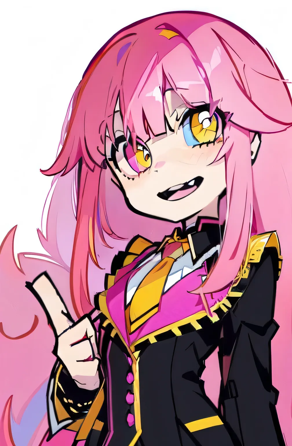 ahog, pink_hair, long_hair, halo, Bangs, blue_Eye, Very_long_hair, Yellow_Eye, Heterochromia, Open_Mouth, blush, hair_between_Eye, Smile, direction, tie，low saturation