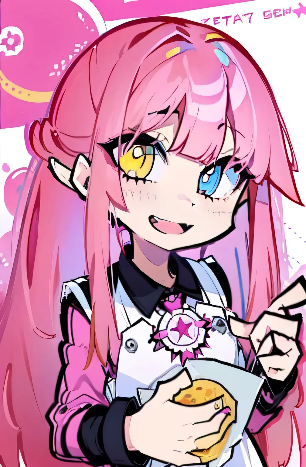 ahog, pink_hair, long_hair, halo, Bangs, blue_Eye, Very_long_hair, Yellow_Eye, Heterochromia, Open_Mouth, blush, hair_between_Eye, Smile, direction, tie，low saturation