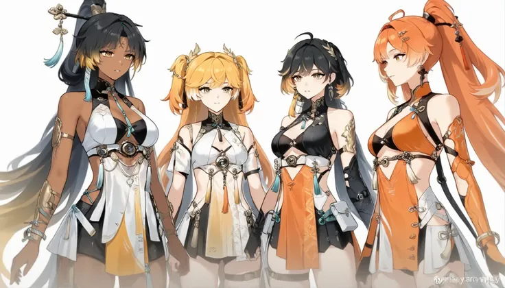 4 girls, (Wuthering Waves), cowboy shot, looking at you, white background, simple background, black hair, yellow hair, orange hair, yellow tips, long hair, orange outfit, dark skin, light skin