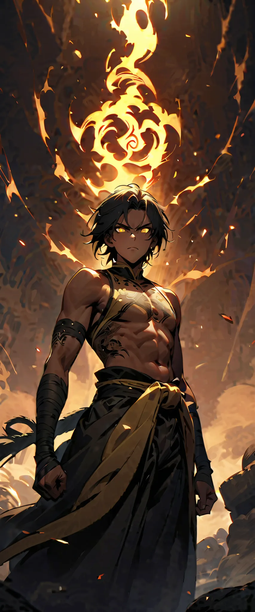 (high-quality, breathtaking),(expressive eyes, perfect face) 1boy, male, solo, young adult, yellow eyes, (bald hairstyle), (dark skin), soft serious expression, Monk profession, martial artist, well built body, pants, knuckle bandages, environment backgrou...