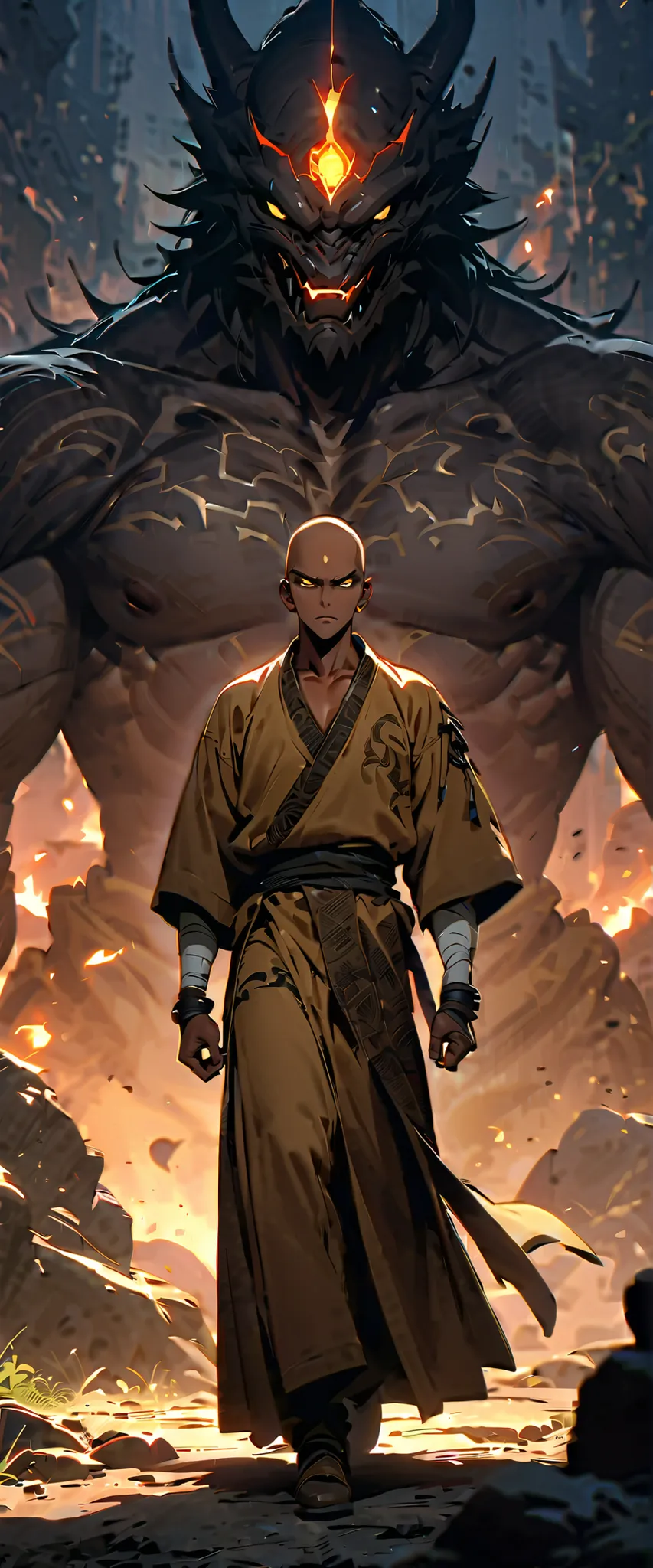 (high-quality, breathtaking),(expressive eyes, perfect face) 1boy, male, solo, young adult, yellow eyes, (bald hairstyle), (dark skin), soft serious expression, Monk profession, martial artist, well built body, pants, knuckle bandages, environment backgrou...