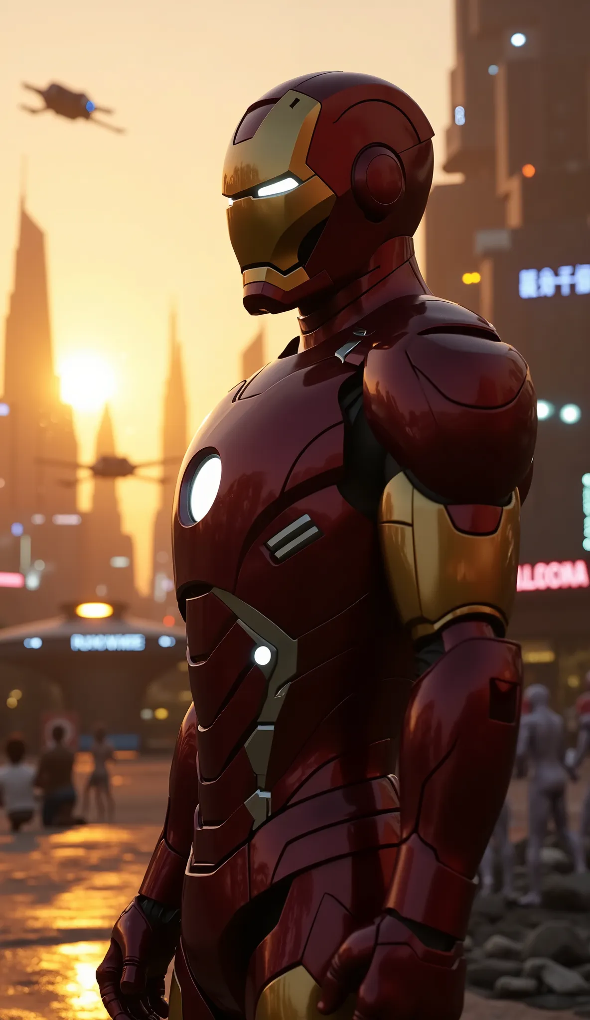 A hyper-realistic 8K digital painting of Iron Man standing on an alien but highly populated planet, during golden hour. The background shows a futuristic city with towering skyscrapers made of translucent materials, flying vehicles zipping through the air,...