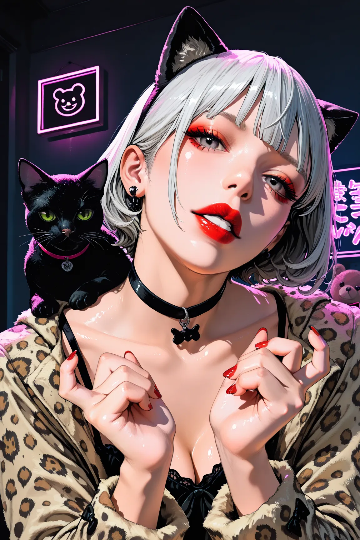  Illustration of a black cat,place a black cat in the center of the screen,attach a choker to a black cat on the back sign, ,have a black cat,place a black cat wearing a leopard print fur coat in the center of the screen,close-up of a gothic black cat {X} Woman sees through camera、Only hands are shown,teddy bear illustration ,  Vivid details,  artilove blow style    , ,  close-up photo , photorealistic  ,  very detailed,black hairｋｉｋｉred ribbon /(greatest masterpiece/top quality/Hi-Res)Hydrated red lips/"Shiny skin that floats on the waist"nail/close his mouth//And blood bathed/Neon lights in a dark room