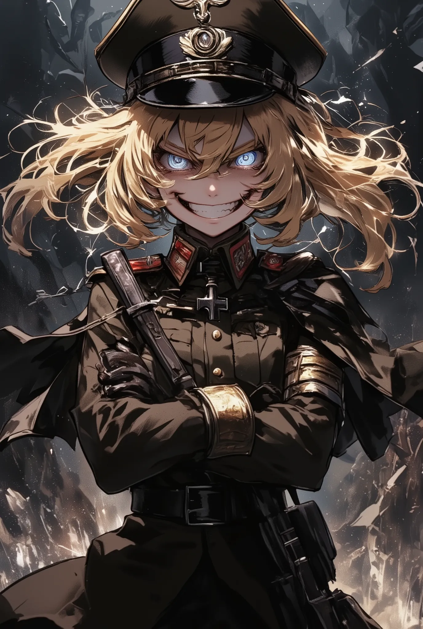 tanyatheevil, score_9, score_8_up, score_7_up, 1girl, 9-year-old girl,gradient background, solo, (upper body), crossed arms, military uniform, blue eyes, blonde hair, (eye focus),evil smile,