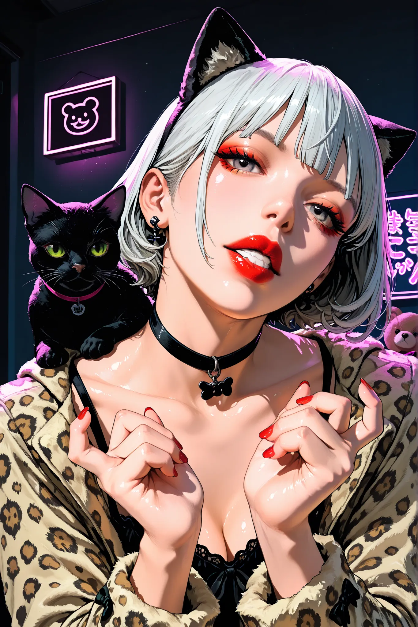  Illustration of a black cat,place a black cat in the center of the screen,attach a choker to a black cat on the back sign, ,have a black cat,place a black cat wearing a leopard print fur coat in the center of the screen,close-up of a gothic black cat {X} Woman sees through camera、Only hands are shown,teddy bear illustration ,  Vivid details,  artilove blow style    , ,  close-up photo , photorealistic  ,  very detailed,black hairｋｉｋｉred ribbon /(greatest masterpiece/top quality/Hi-Res)Hydrated red lips/"Shiny skin that floats on the waist"nail/close his mouth//And blood bathed/Neon lights in a dark room