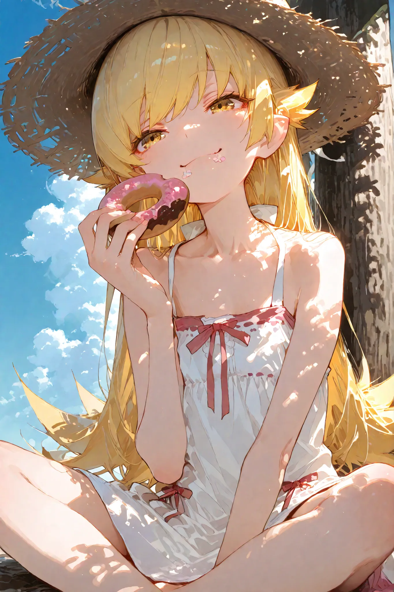 masterpiece, best quality, amazing quality, 1girl, solo, Oshino_Shinobu, blonde hair, long hair, big eyes, golden eyes, collarbone, sitting cross-legged, wide-brimmed straw hat, eating a donut, white camisole dress, happy, innocent smile, cheerful expressi...