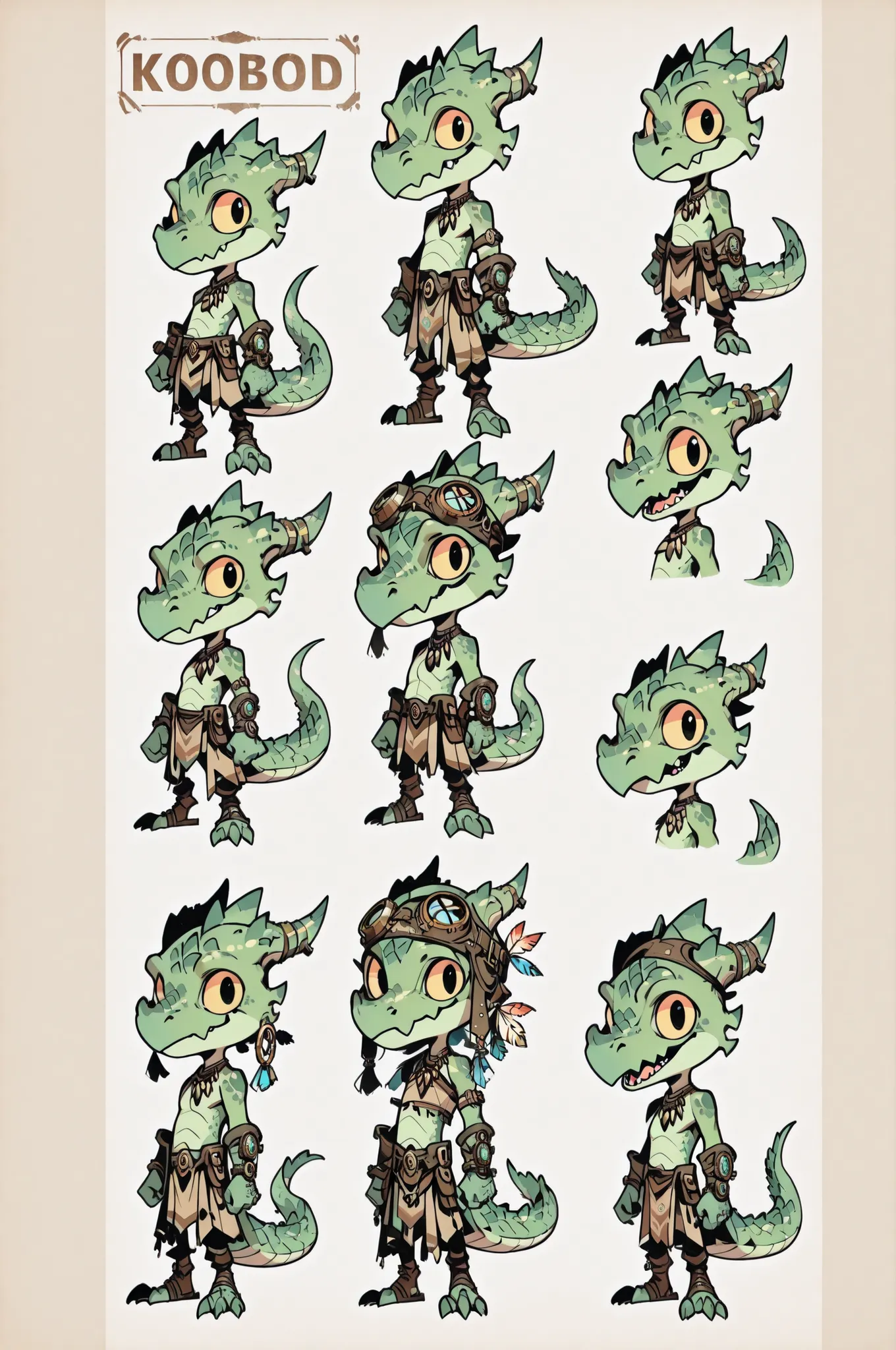 Three( male,green skin, green scales, (((Kobold)), (detailed kobold)) wearing a steampunk tools, a tribal clothes, character design, toon style, chibi