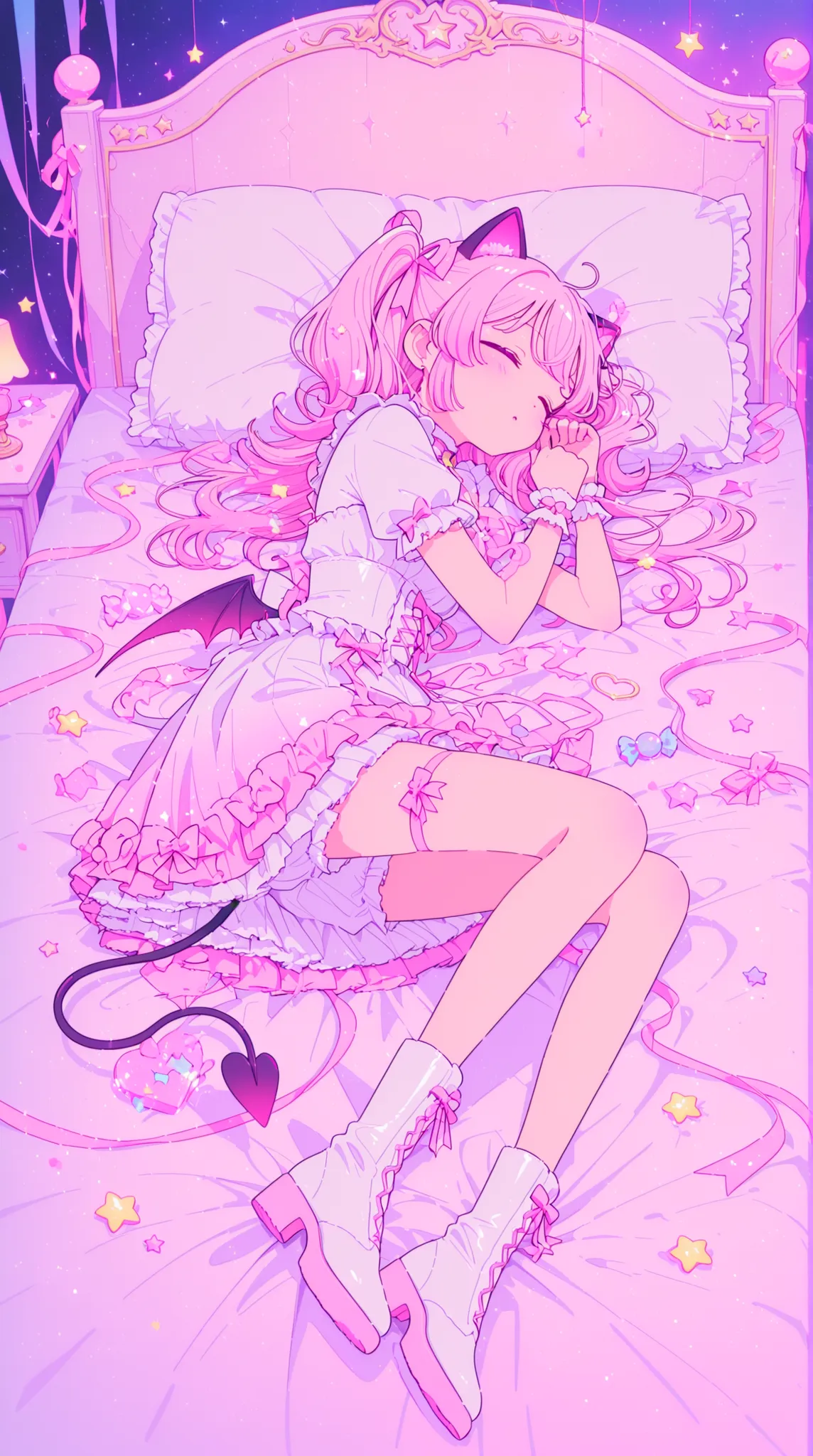 a small dreamy devil girl floating above a sleeping child’s bed, gently nibbling on floating dream fragments shaped like sweets, stars and ribbons wrapping around her body, soft colors, whispery textures, magical realism