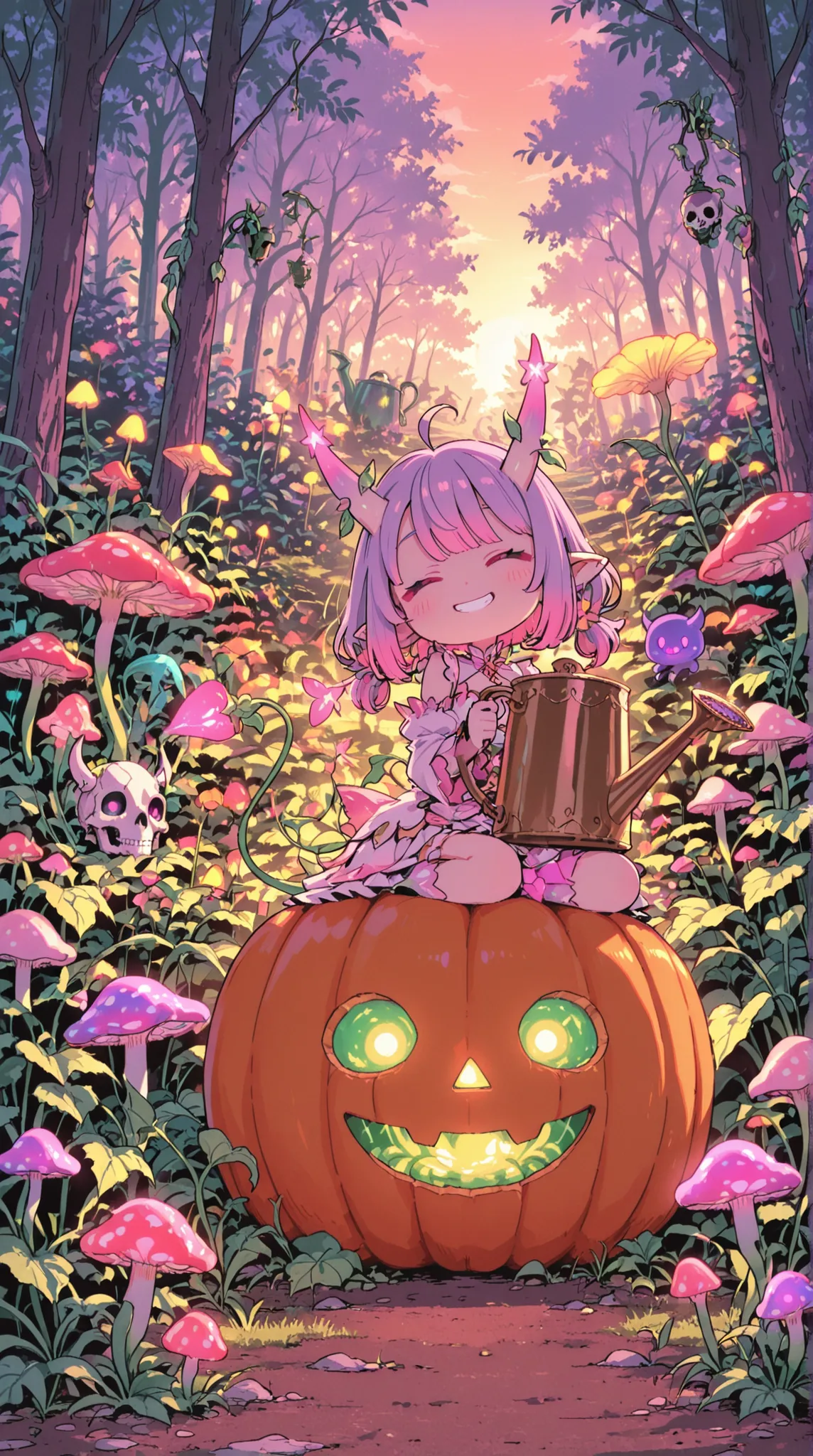 a tiny horned girl tending to a surreal garden of carnivorous flowers and glowing mushrooms, sitting on a pumpkin, watering plants with a skull-shaped watering can, smiling gently, twilight forest atmosphere, fantasy fairycore style