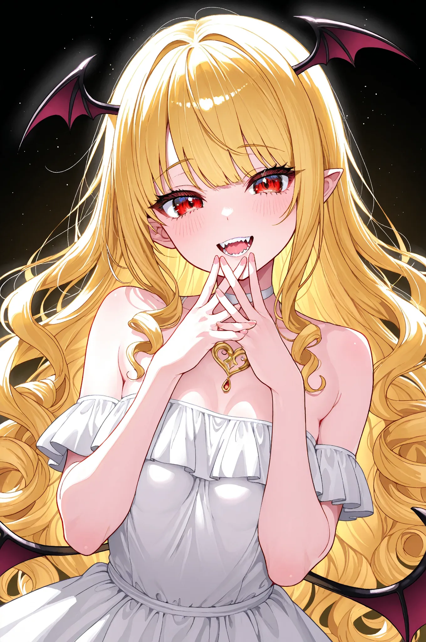 little devil、Adorable expression that can't stop being playful、little devilがひそかに見せる悪戯っぽい笑顔、Petite and sexy girl、Blonde、long hair、curly hair、with bangs、Little bat wings on the head、Rich voluminous breasts、It's a succubus with bat wings on its back 、A dress ...
