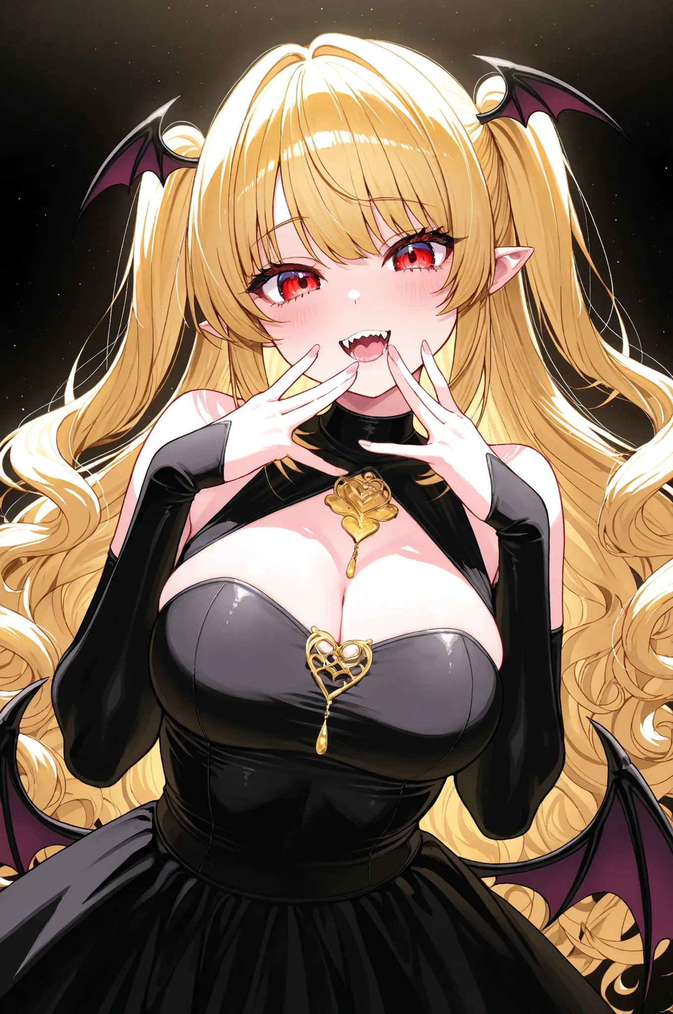 little devil、Adorable expression that can't stop being playful、little devilがひそかに見せる悪戯っぽい笑顔、Petite and sexy girl、Blonde、long hair、curly hair、with bangs、Little bat wings on the head、Rich voluminous breasts、It's a succubus with bat wings on its back 、A dress ...