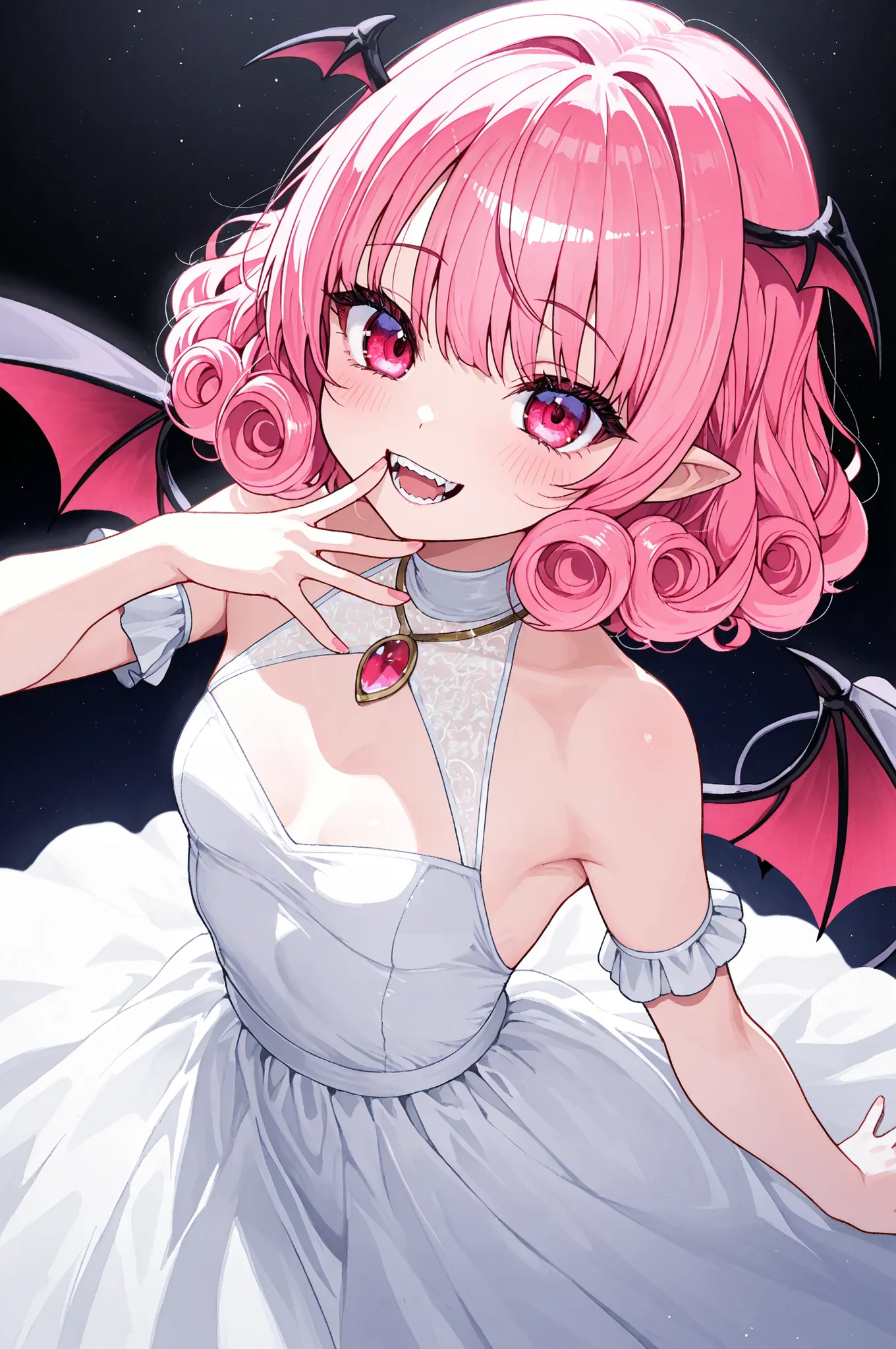 little devil、Adorable expression that can't stop being playful、little devilがひそかに見せる悪戯っぽい笑顔、Petite and sexy girl、pink hair、short hair、curly hair、with bangs、Little bat wings on the head、small breasts、It's a succubus with bat wings on its back 、A dress with a...