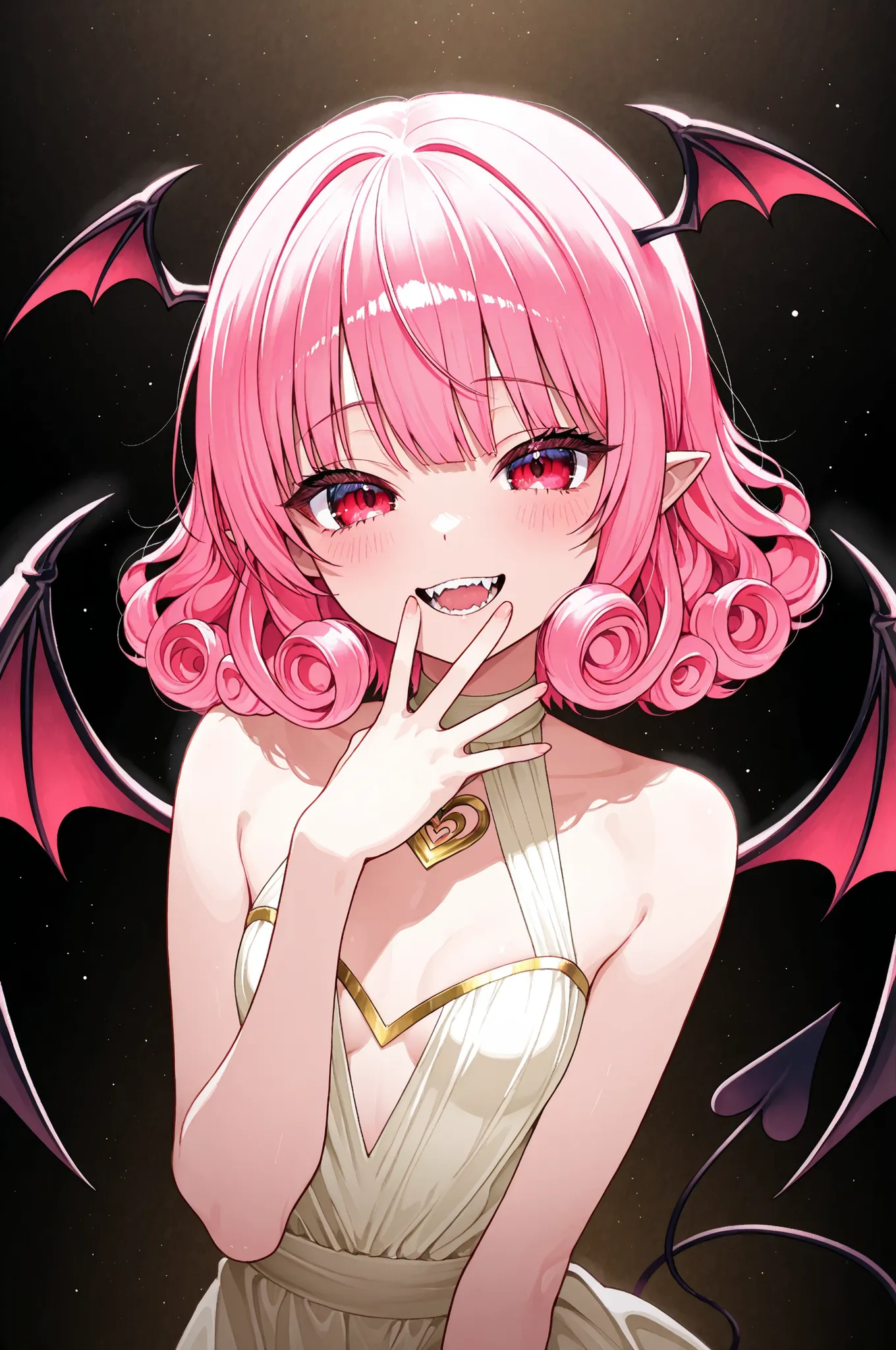little devil、Adorable expression that can't stop being playful、little devilがひそかに見せる悪戯っぽい笑顔、Petite and sexy girl、pink hair、short hair、curly hair、with bangs、Little bat wings on the head、small breasts、It's a succubus with bat wings on its back 、A dress with a...