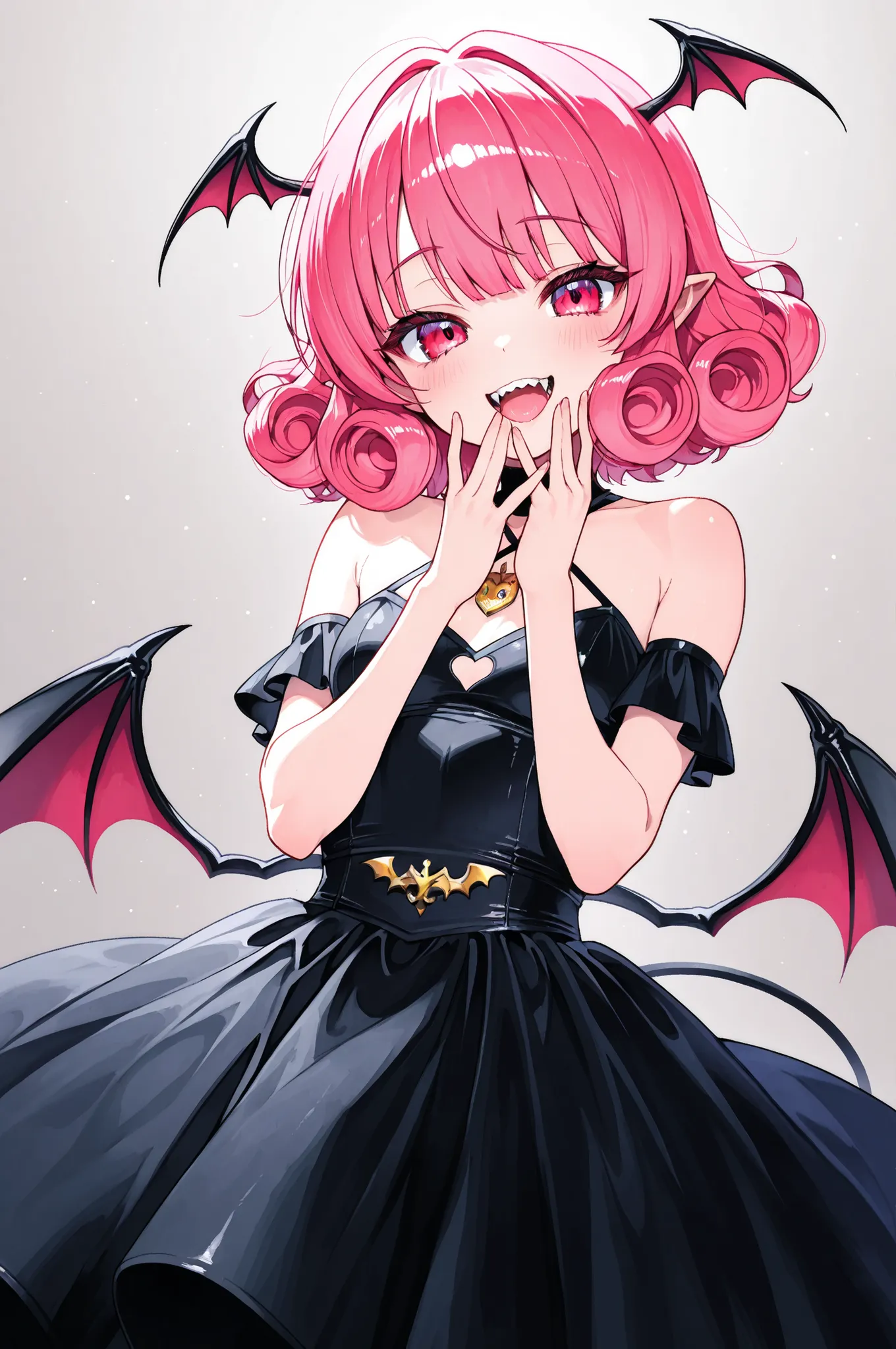 little devil、Adorable expression that can't stop being playful、little devilがひそかに見せる悪戯っぽい笑顔、Petite and sexy girl、pink hair、short hair、curly hair、with bangs、Little bat wings on the head、small breasts、It's a succubus with bat wings on its back 、A dress with a...