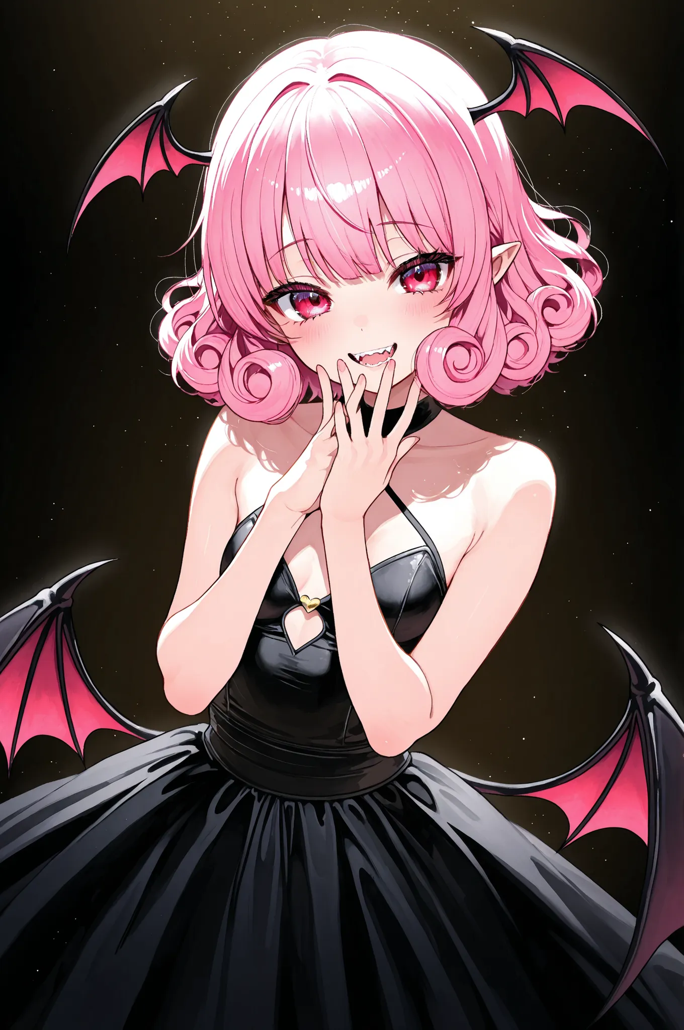 little devil、Adorable expression that can't stop being playful、little devilがひそかに見せる悪戯っぽい笑顔、Petite and sexy girl、pink hair、short hair、curly hair、with bangs、Little bat wings on the head、small breasts、It's a succubus with bat wings on its back 、A dress with a...