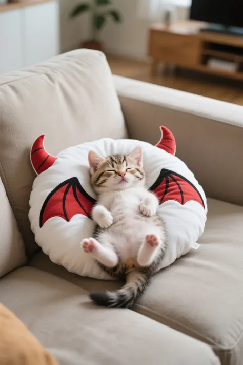 Realistic,Very small baby kitten lying on his back,Place a cushion with cute devil's wings printed around the kitten while sleeping,on the sofa in the living room,Face that seems to be sleeping even now,