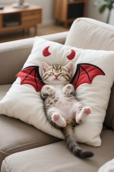 Realistic,Very small baby kitten lying on his back,Place a cushion with cute devil's wings printed around the kitten while sleeping,on the sofa in the living room,Face that seems to be sleeping even now,