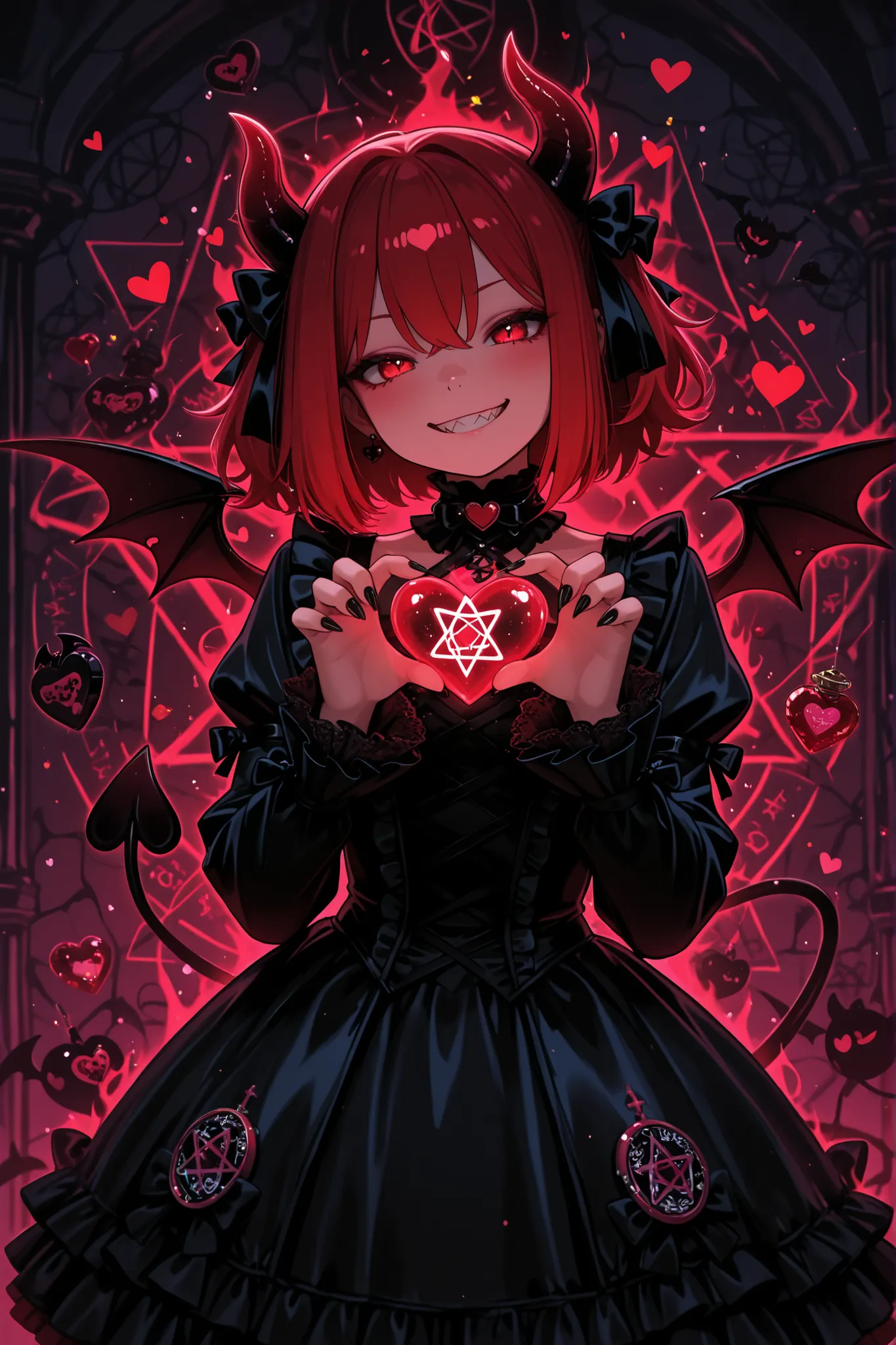 high quality, RAW photo, ultra-detailed, petite demon princess, ruby red eyes, curled devil horns, black gothic lolita dress, miniature demon wings, impish grin, sharp nail polish, heart-shaped accessories, dark magical aura, floating candy hearts, pentagr...