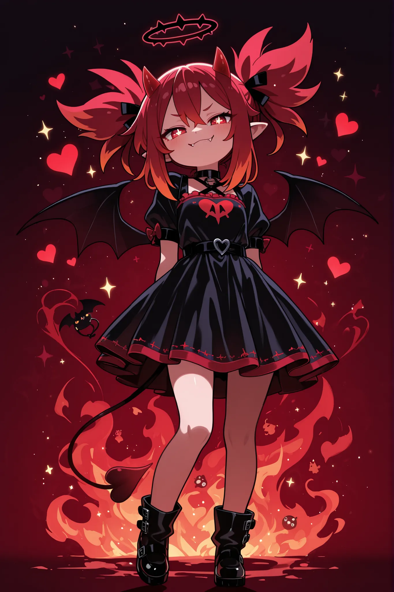 masterpiece, ultra highres, best quality, chibi demon girl, tiny red horns, heart-tipped tail, playful smirk, oversized black and red dress, small bat wings, pointed ears, sharp little fangs, flame-like hair tips, star pupils, dark halo, floating heart emo...