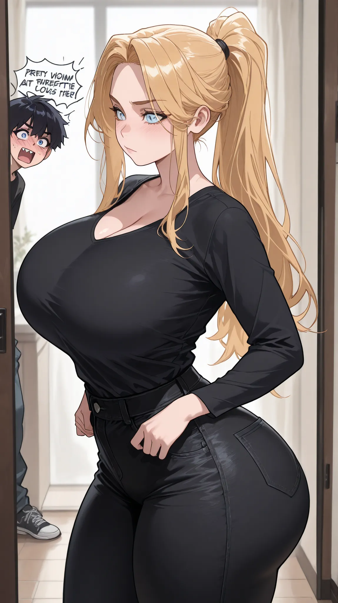 [1 teenager, light blue eyes, golden blond hair,  ponytail, expression would be,pretty face, copos, 15y old (teenager ), big breasts, long quads, thick thighs, voluptuosa, long hair, huge thigh, huge hips, huge ass, thin waist, 15 y old,  sharp eyes , shar...