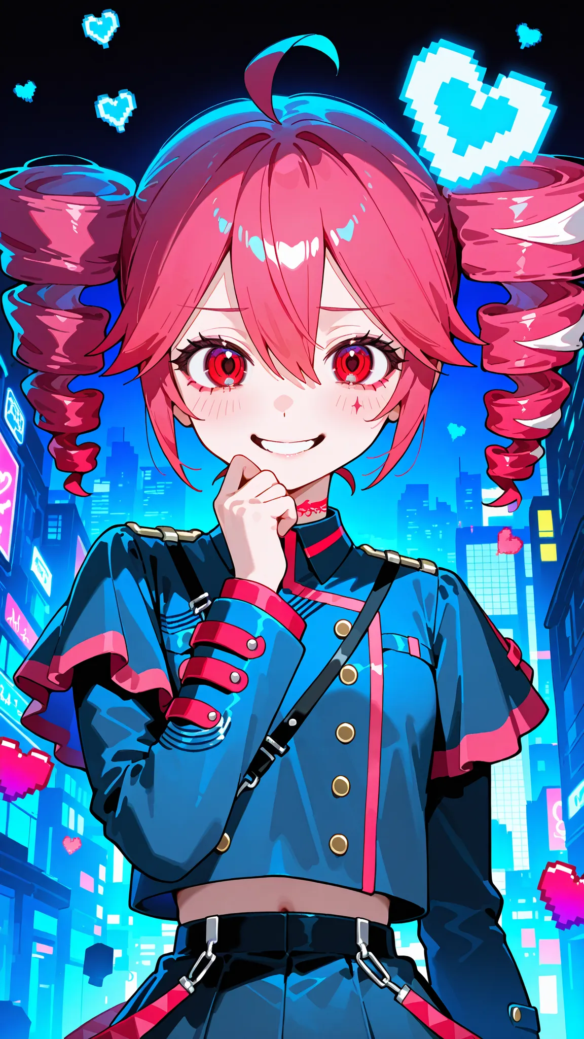 A chaotic and emotional anime-style illustration of a pink-haired virtual girl resembling Kasane Teto, surrounded by glitch effects, broken hearts, She has a twisted smile, wearing a dark gothic outfit with cyberpunk accents. The background is a distorted,...