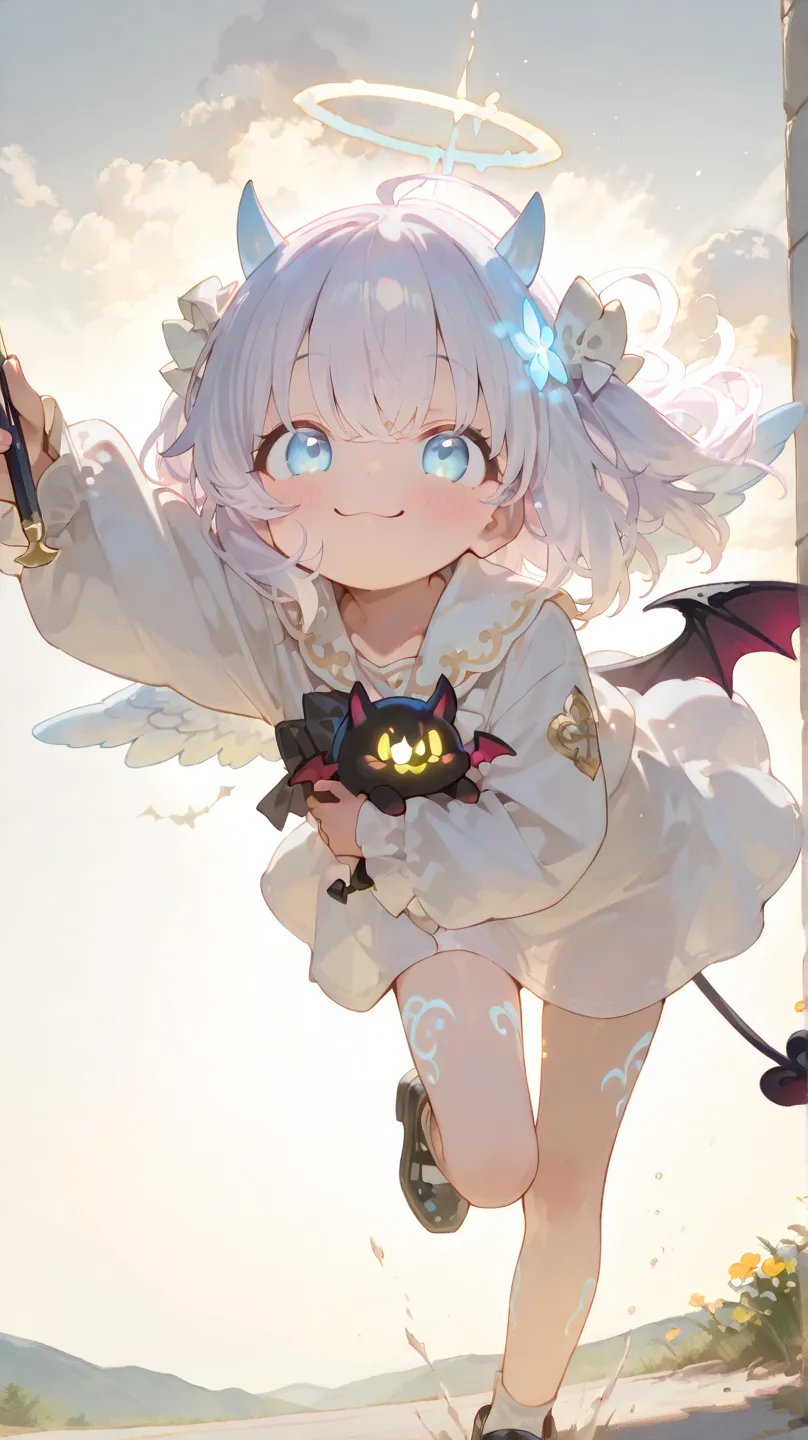 Cute,748cmstyle,(masterpiece:1.2, top quality), (beautiful detailed eyes on background: 1.2), ((1 Beautiful Girl)),  (beautiful background:1.2), (Highly Detailed CG, Super Detailed),(very detailed and beautiful:1.1), (Perfect Details:1.1),(best quality), (masterpiece), (ultra detailed),
(cute little devil girl:1.5), (mischievous smile), (tiny devil horns), (small devil tail), (holding a glowing halo:1.8), (running away), (playful expression),
(cute little angel girl:1.5), (determined expression), (fluffy angel wings), (chasing after), (reaching out), (frustrated but cute),
(dynamic pose), (motion blur on legs), (fast movement), (action scene),
(bright, ethereal sky background), (fluffy white clouds), (golden light rays), (heavenly atmosphere), (soft lighting),


