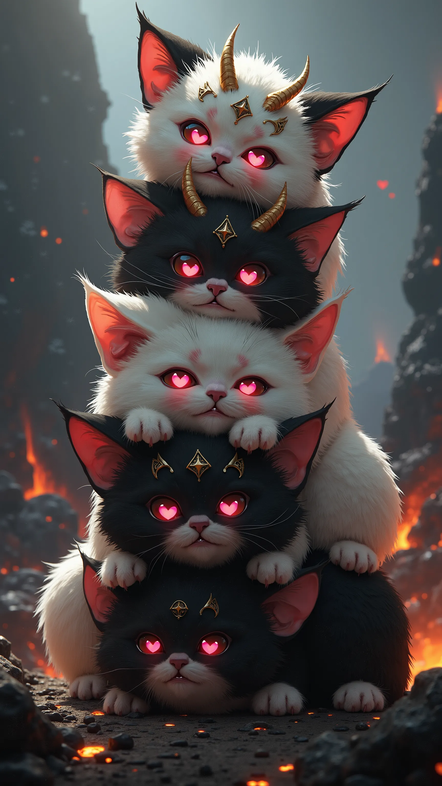 dark fantasy art, hyper-realistic painterly style, a totem of stacked baby demon cats, fluffy white and black fur, glowing pink heart-shaped pupils, small sharp fangs, adorned with intricate gold horns and jewelry, occult symbols, blush on cheeks, dramatic...