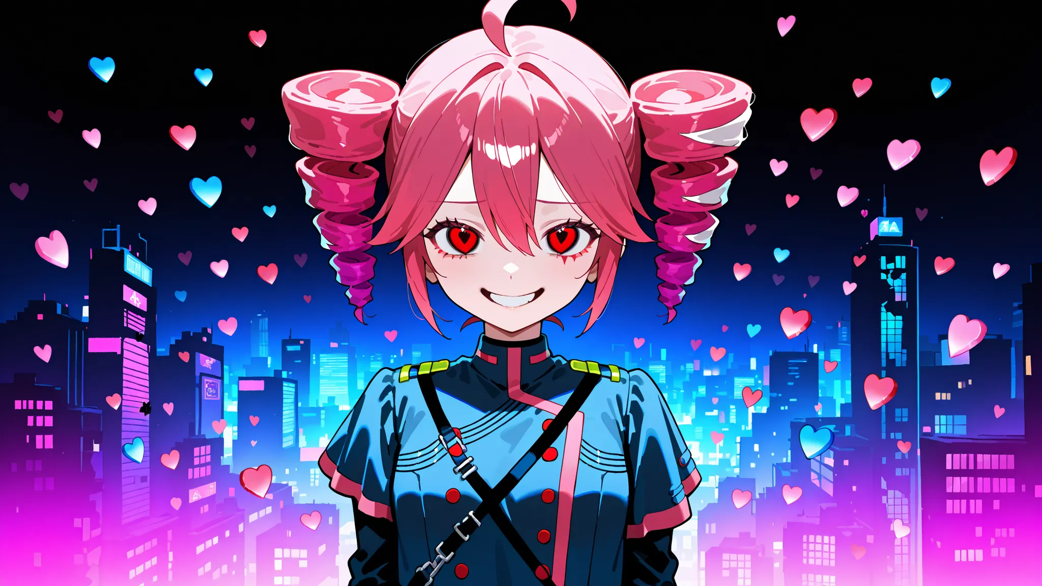A chaotic and emotional anime-style illustration of a pink-haired virtual girl resembling Kasane Teto, surrounded by glitch effects, broken hearts, She has a twisted smile, wearing a dark gothic outfit with cyberpunk accents. The background is a distorted,...