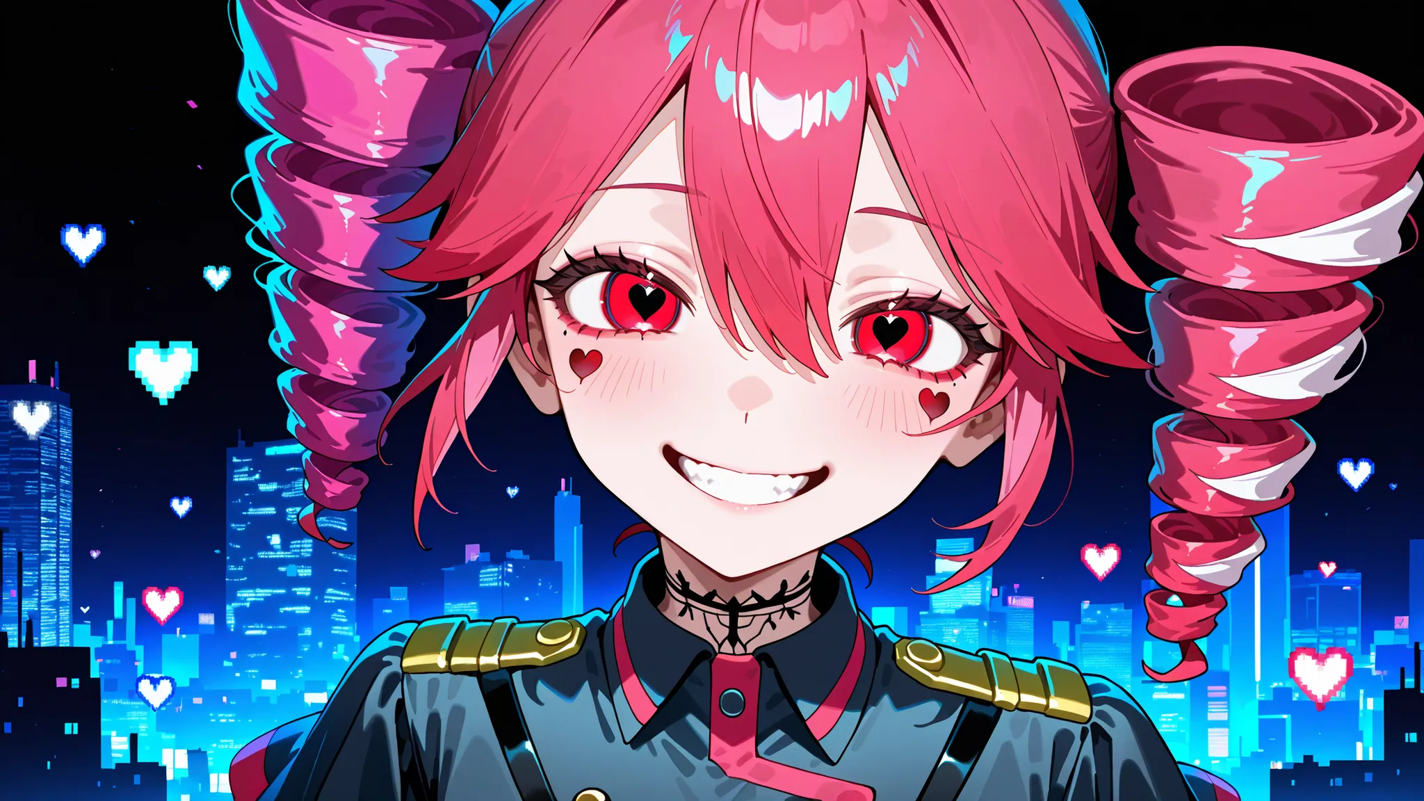 A chaotic and emotional anime-style illustration of a pink-haired virtual girl resembling Kasane Teto, surrounded by glitch effects, broken hearts, She has a twisted smile, wearing a dark gothic outfit with cyberpunk accents. The background is a distorted,...