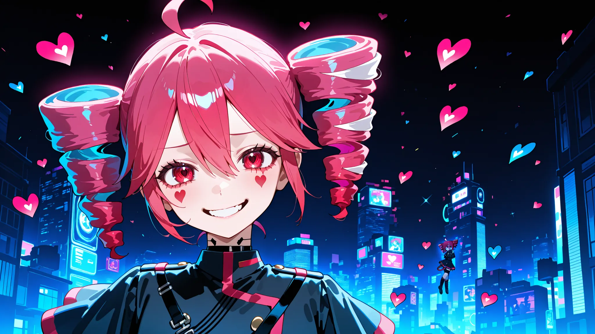 A chaotic and emotional anime-style illustration of a pink-haired virtual girl resembling Kasane Teto, surrounded by glitch effects, broken hearts, She has a twisted smile, wearing a dark gothic outfit with cyberpunk accents. The background is a distorted,...