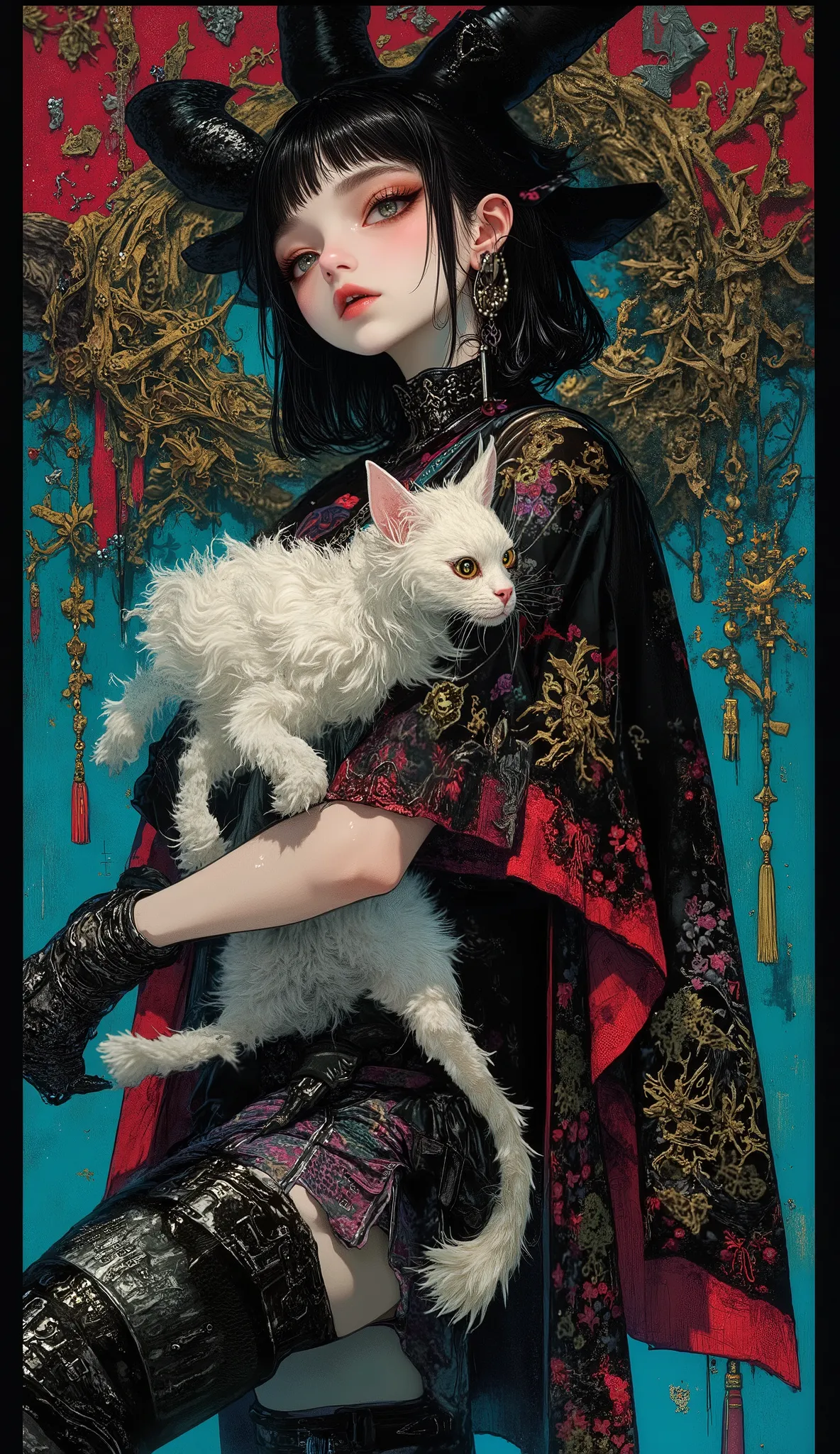 Gothic_girl, ((top quality)), (super high resolution), (super detailed), Chris Bachalo inspired, exquisite digital illustration, womanhood, Studio Ghibli Dark Fantasy, a tall skinny female high fashion model goddess, heavy eye makeup, hauntingly beautiful,...