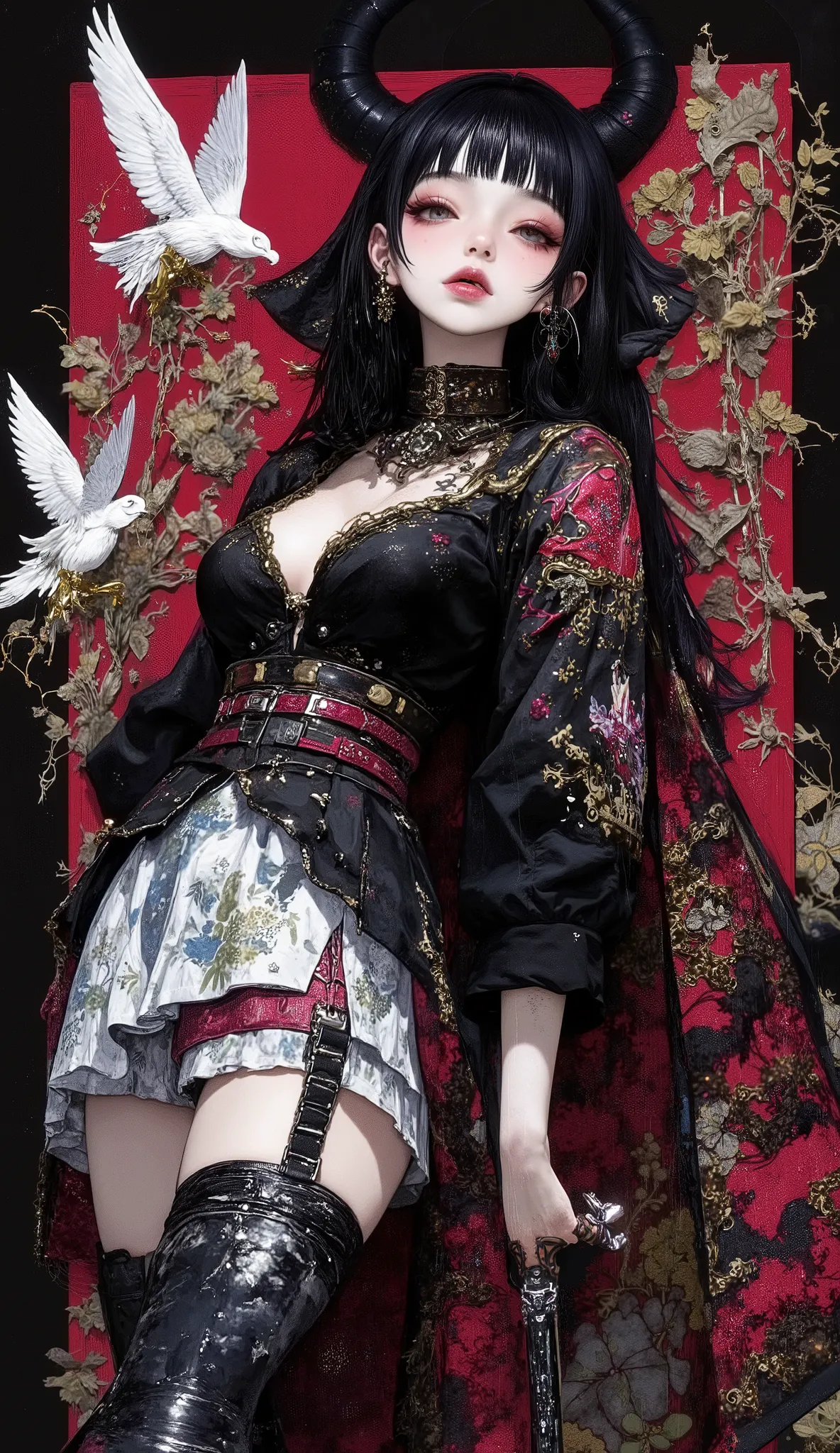 Gothic_girl, ((top quality)), (super high resolution), (super detailed), Chris Bachalo inspired, exquisite digital illustration, womanhood, Studio Ghibli Dark Fantasy, a tall skinny female high fashion model goddess, heavy eye makeup, hauntingly beautiful,...