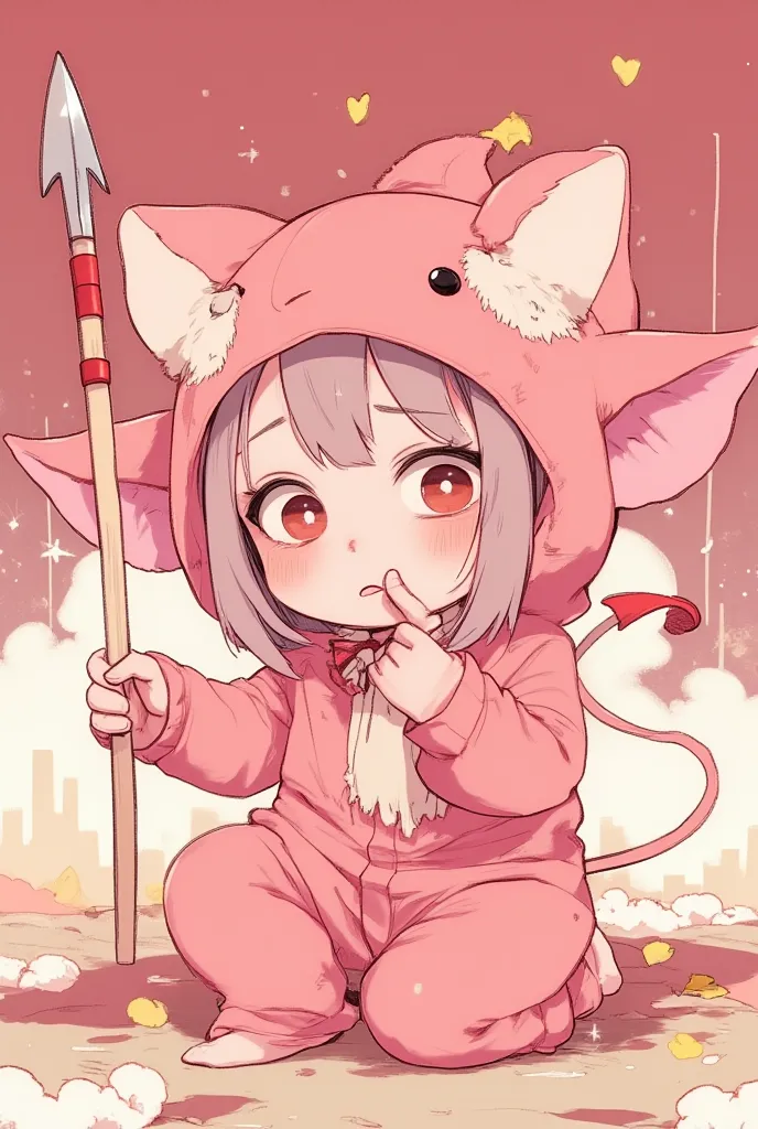 masterpiece、best image quality、highest resolution、Juaner_cartoon、Little little devil character、so cute、A dumb look、Big devil's tail、small horn、pink devil costume、Take a break with the devil's spear、Fairy tale world、pastel colors、details、Accurate Hands、Accurate Fingers、the best illustration in the world