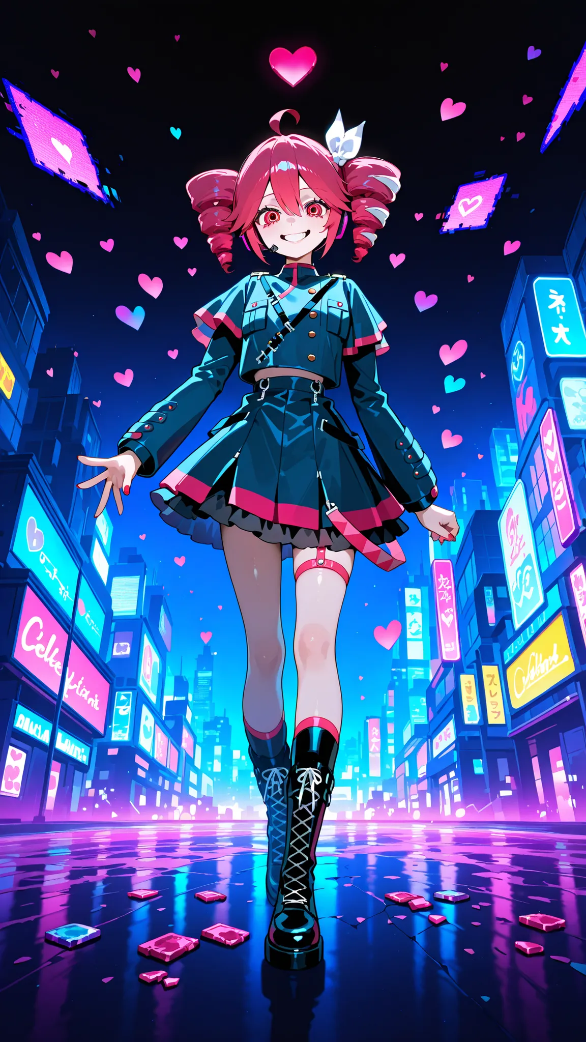 A chaotic and emotional anime-style illustration of a pink-haired virtual girl resembling Kasane Teto, surrounded by glitch effects, broken hearts, She has a twisted smile, wearing a dark gothic outfit with cyberpunk accents. The background is a distorted,...