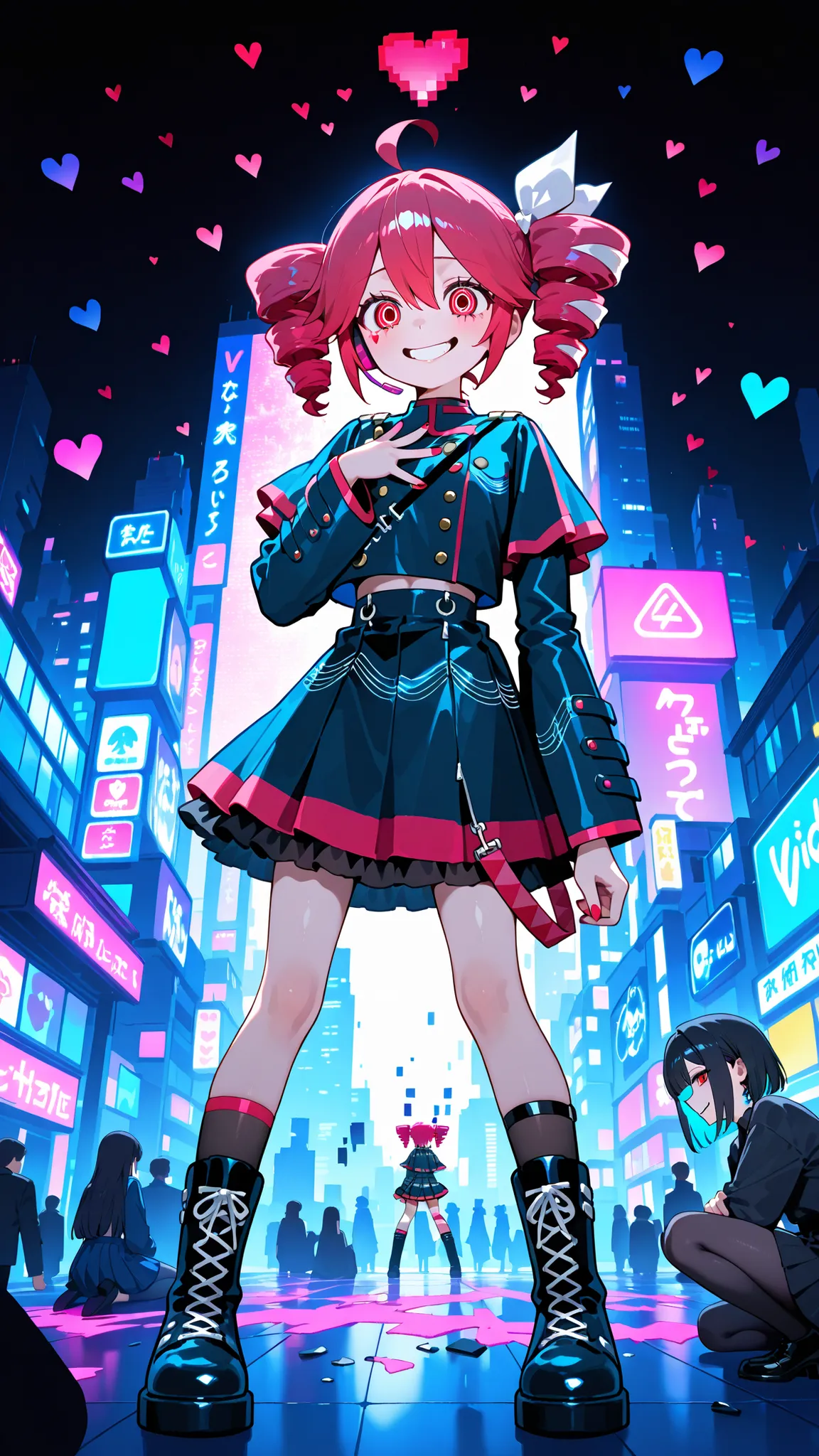 A chaotic and emotional anime-style illustration of a pink-haired virtual girl resembling Kasane Teto, surrounded by glitch effects, broken hearts, She has a twisted smile, wearing a dark gothic outfit with cyberpunk accents. The background is a distorted,...
